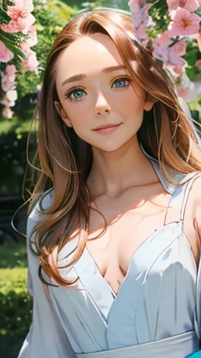 highest quality、realistic、Japanese、Midsummer、garden、、girl、zoom、look up、cute、Turquoise eyes、long hair、chestnut hair、all back、Forehead is coming out、white cut and sew、Sweat、close up face、slender、small breasts、smile、wave hands