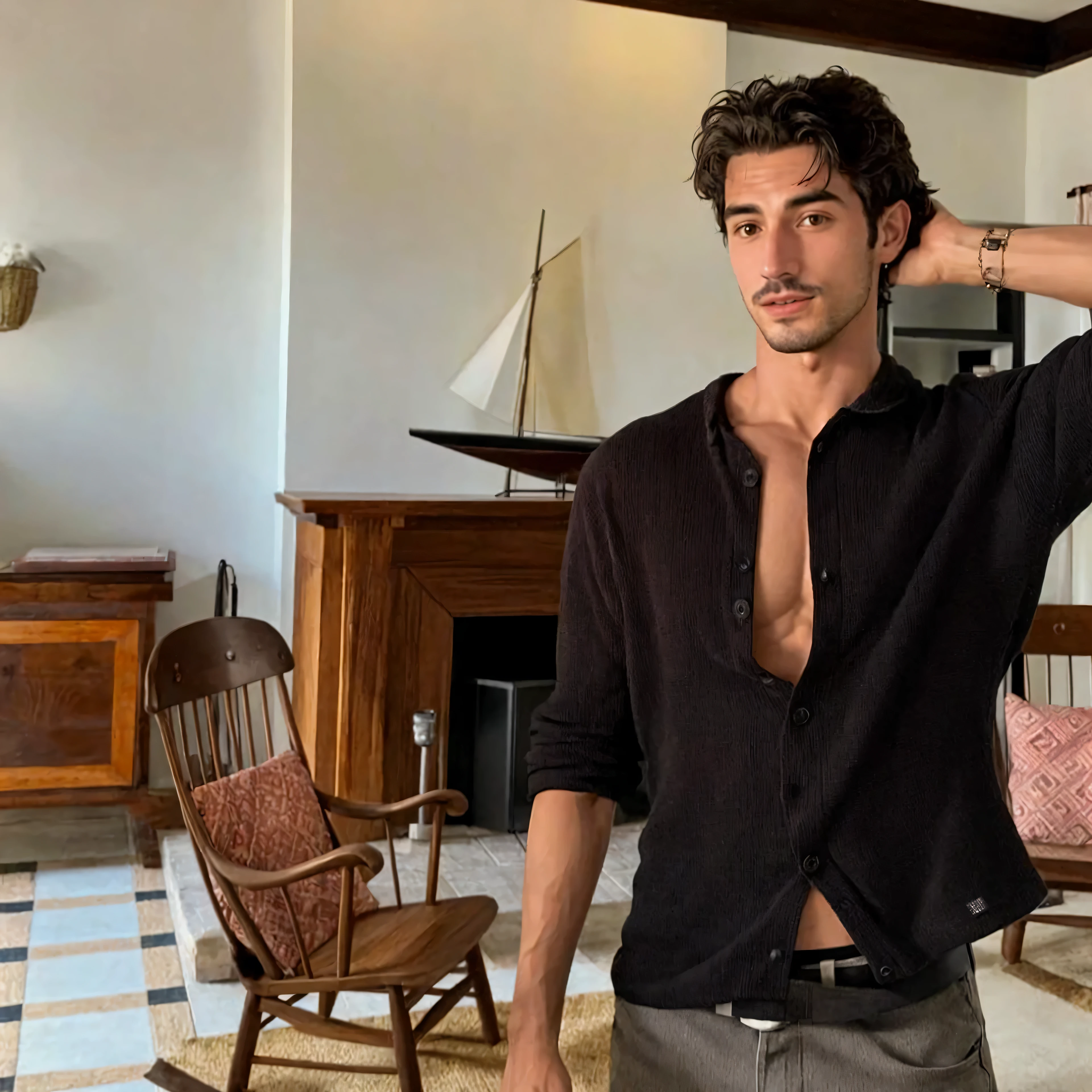 Hombre arafed con una camisa negra parado en una sala de estar, inspirado por Diego Gisbert Llorens, Adrien Girod, zac retz, plano medio de un guapo, ricardo estafador, estilo tyler jacobson, por Alexis Grimou, por Alexander Runciman, Daniel Mirante, nicolas kalkoff, by Adam Dario Keel