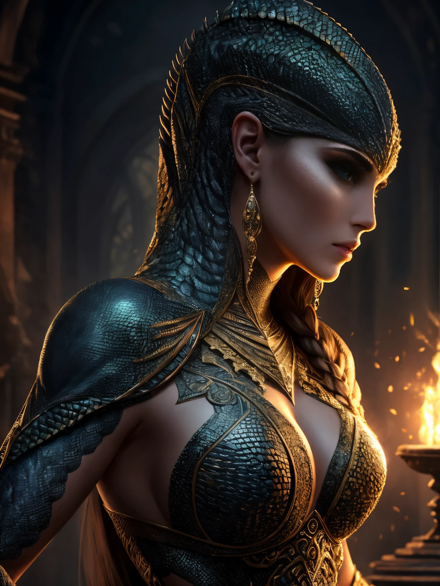 (extremely detailed 8k wallpaper), A dramatic medium photo of a gorgeous human-reptilian necromancer hybrid woman, intricate, high detail,