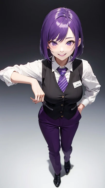 Purple haired woman,bartender,vest,shirt,tie,pants,all,simple background,smile,whole body,full body,full body,Standing picture,vtuber,front,from front,viewer&#39;point of view,視線をfrontに,