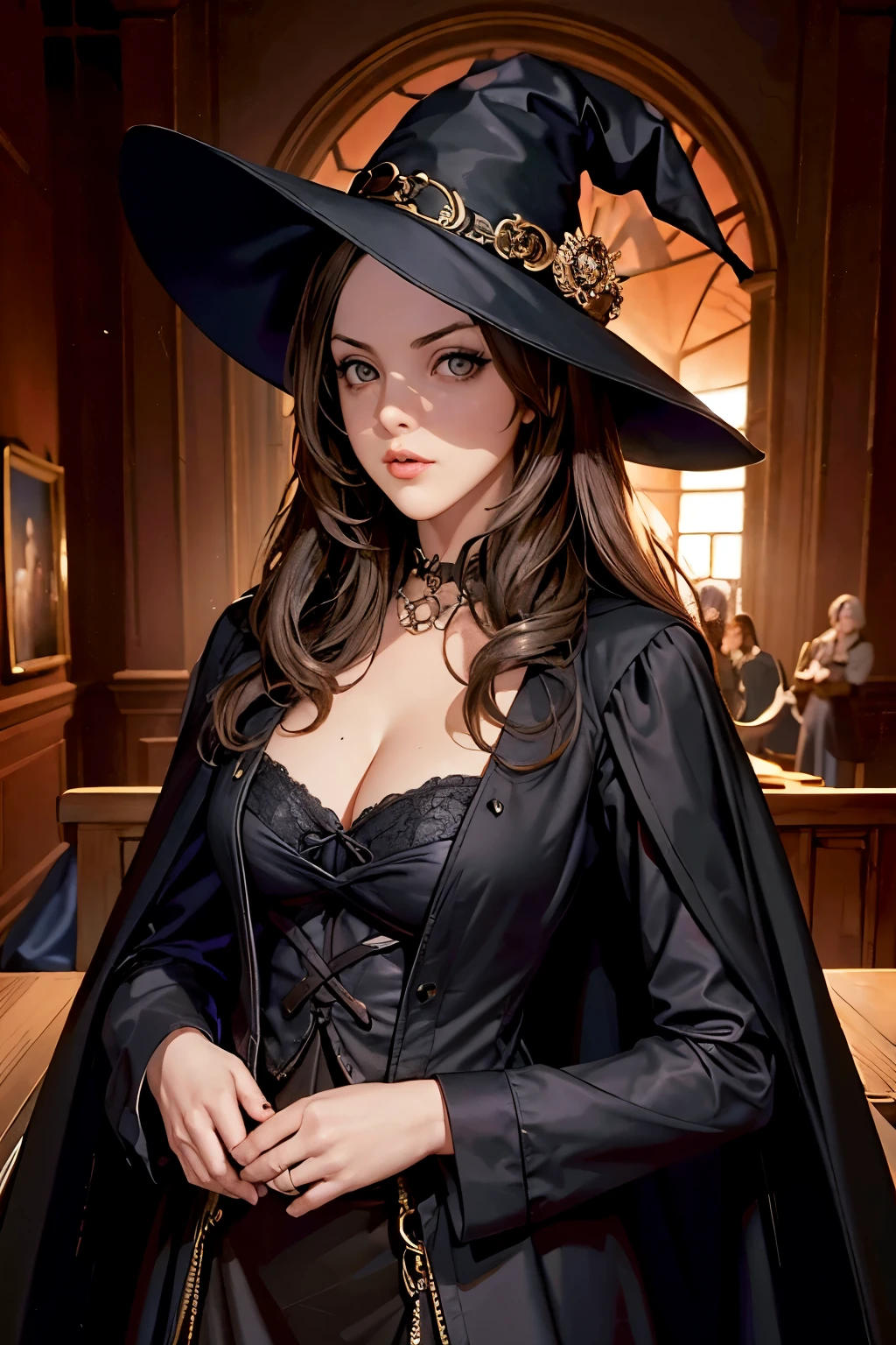 elizabeth gillies, dark brown hair, black witch hat, white shirt, black cape, half up, Looking at the audience, (High resolution of the highest quality), ((masterpiece best quality:1.2)), wooden houses on the background, sunset