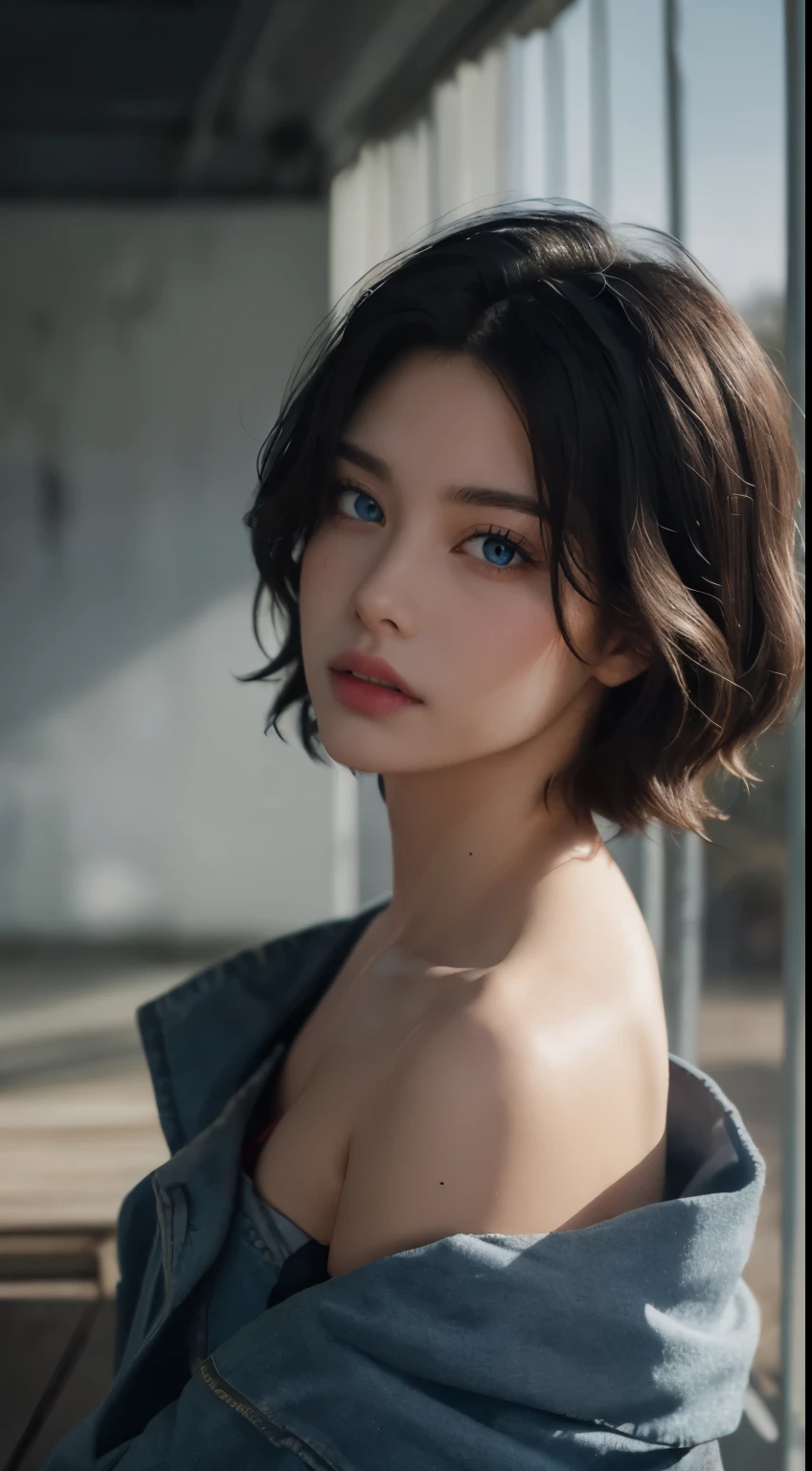 Best quality, masterpiece, ultra high res, (photorealistic:1.5), raw photo, 1girl, offshoulder, in the dark, deep shadow, low key, cold light, sexy look, short hair, blue eyes