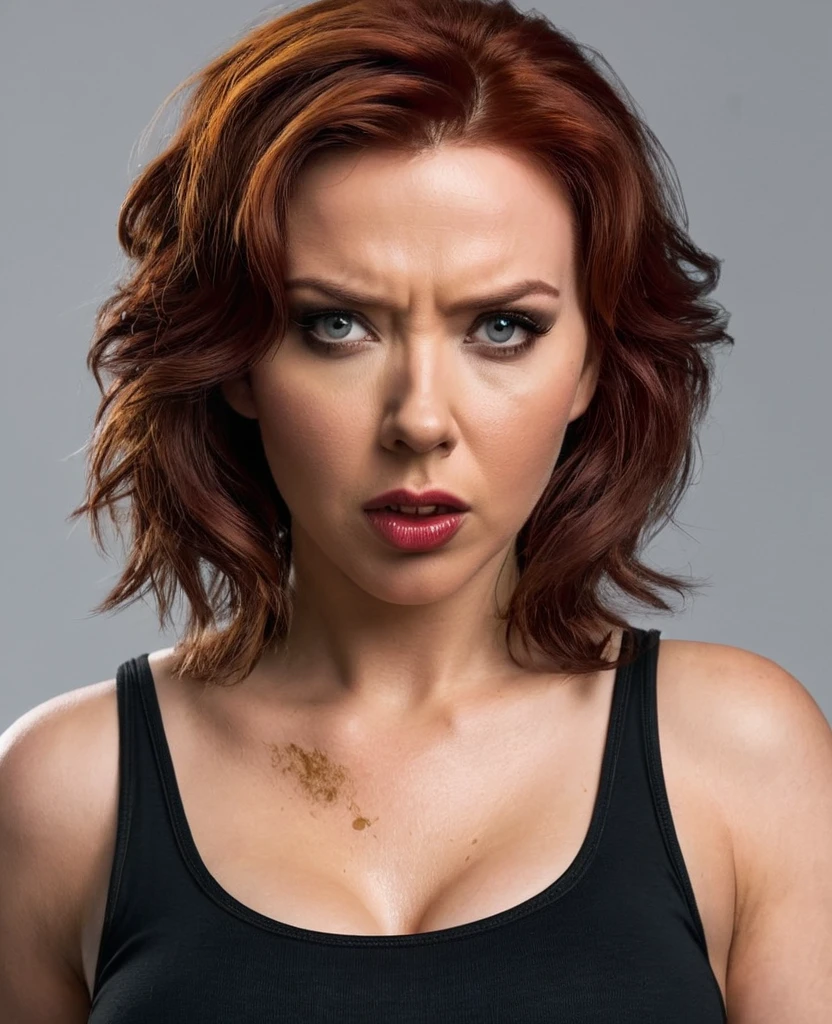 make black widow face full of poop and he using a black tank top