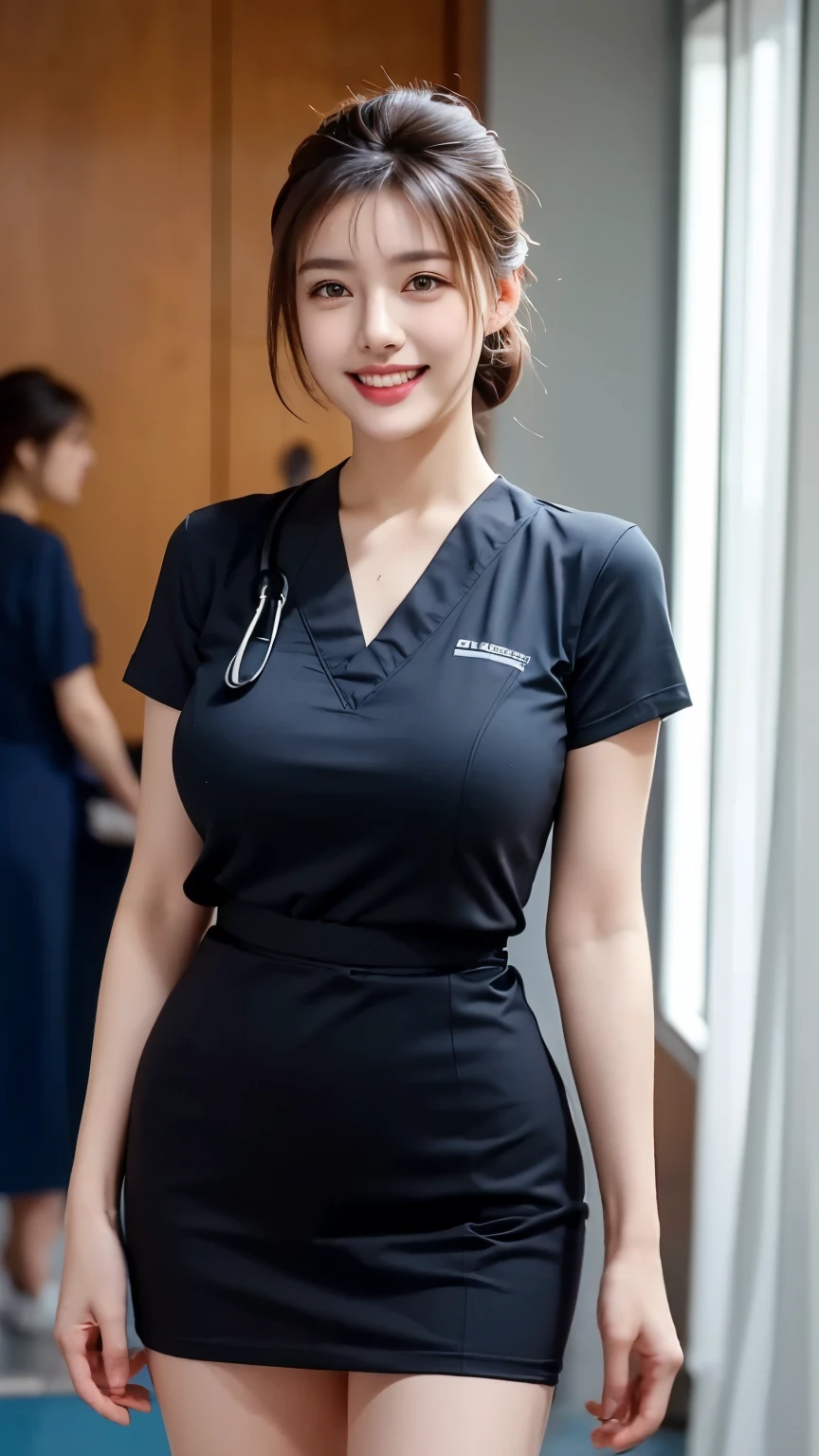 (One ultimate beautiful mature woman), experienced nurse, very detailed顔, detailed lips, detailed eye, double eyelid, brunette updo, (grin and laugh), ((beautiful teeth)), (((wearing a blue nurse uniform)))), big breasts, (thighs thighs thighs),  Perfect fit, perfect body, perfect face, (((background: Hospital room with lots of medical equipment)))、(Depth of bounds written), Perfect image realism, With detailed background, detailed costume, perfection、hyper realism、Photoreal、8K maximum resolution, (masterpiece), very detailed, Professional