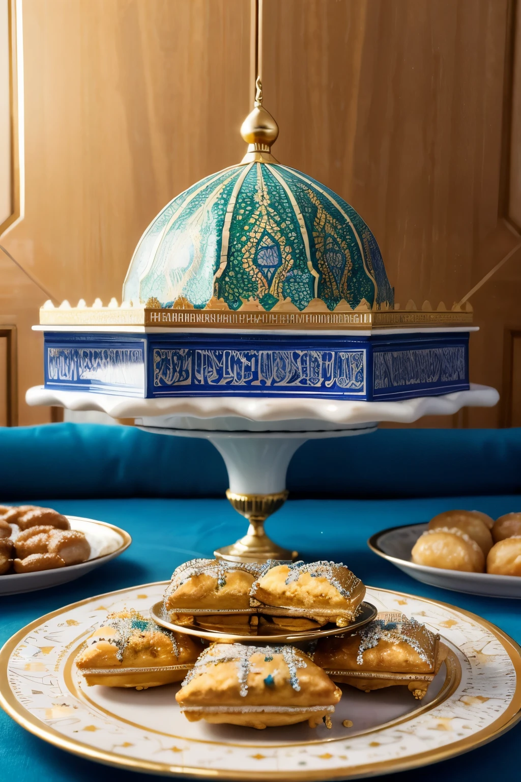 RAW, Best quality, high resolution, Masterpiece: 1.3), Beautiful representation of the Muslim holiday of Eid after Ramadan in Algeria (iu:0.8),
Best quality, high resolution, Masterpiece: 1.3, Traditional Algerian Eid celebration, Beautiful Algerian scene,
Masterpiece, Detailed mosque architecture, Mosaic tile work, Soft light illuminating the mosque,
1. plate of colorful Algerian pastries, Gold and silver accents on the plate,
Realistic, Charming depiction of the festive occasion, Glistening pastries,
Cultural representation, Vibrant colors, Blue
