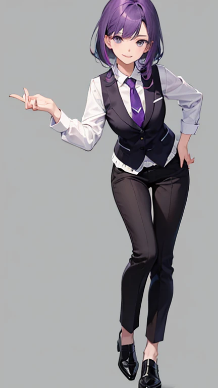 Purple haired woman,bartender,vest,shirt,tie,pants,all,simple background,smile,whole body,full body,full body,Standing picture,vtuber,front,from front,viewer'point of view,視線をfrontに,