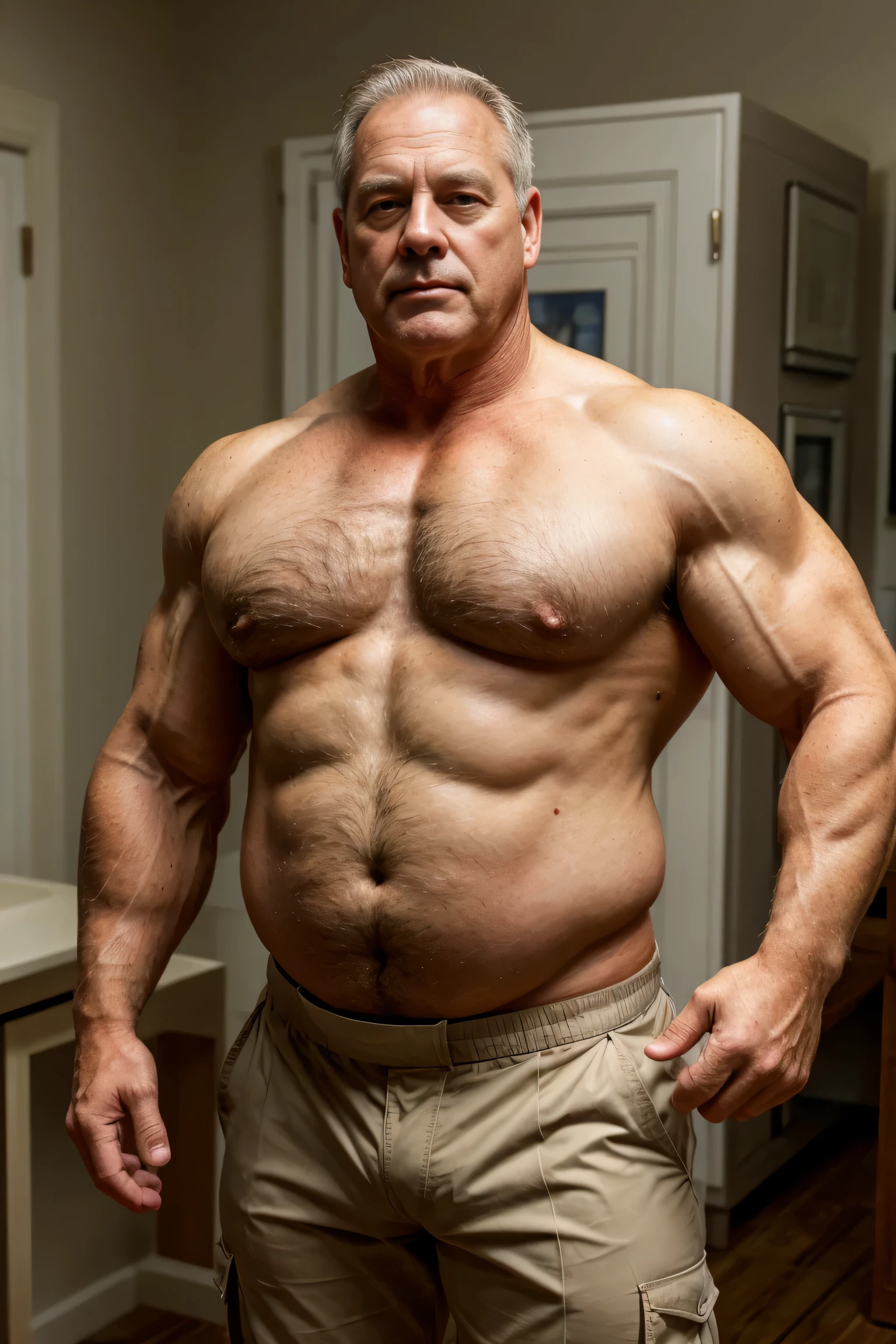 Age 60, white man, police officer, muscularly chubby physique, a slightly disgusting combination, yet surprisingly kind demeanor, shirt revealing hairy chest, mature daddy vibes, khaki pants hugging his bulging belly.