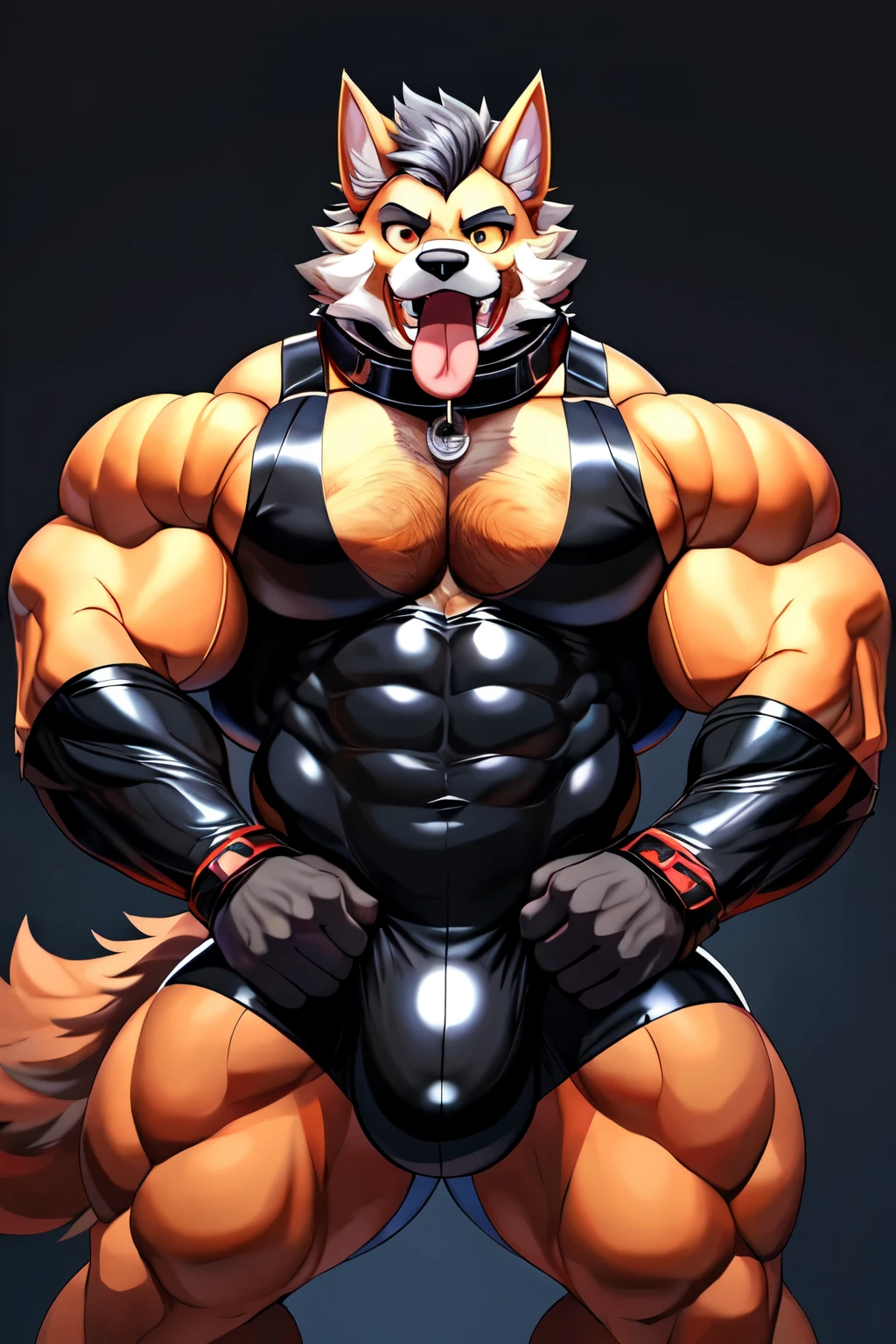 ((best quality)), ((masterpiece)), (detailed) muscular male, werewolf, grey fur, huge muscles, huge crotch, by doooo2424, black fullbody skintight rubber catsuit, black clothing, beard, facial hair, limb belts, dog collar, tongue out, panting