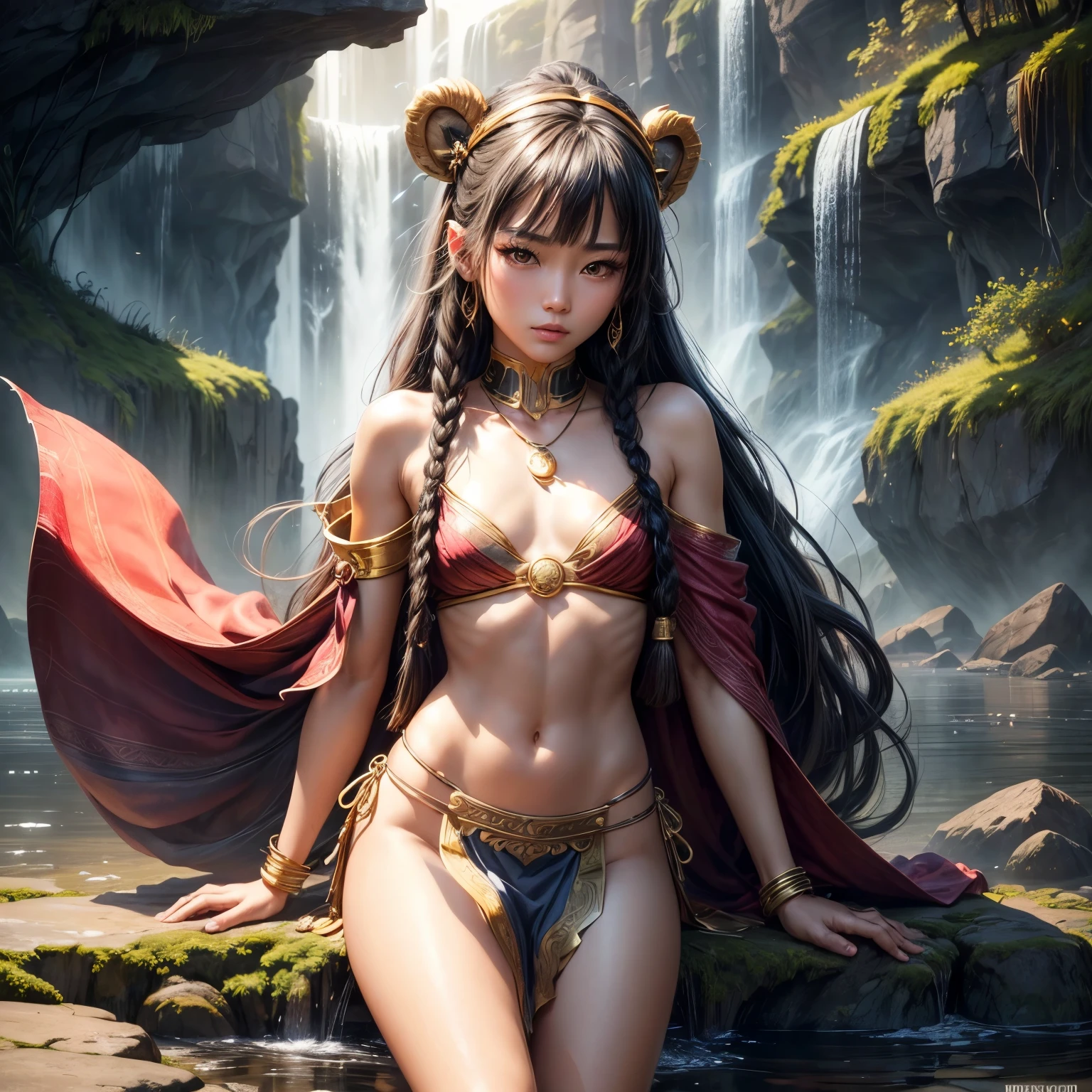 ((small chest:1.4)), beautiful Asian woman, (original, soft lighting:1.2), (realistic:1.3) (mixed Korean), beautiful girl with beautiful details, extremely detailed eyes and face, eyes with beautiful details, absurd, incredibly absurd, huge file size, ultra detail, high resolution, ultra detailed, best quality, masterpiece, illustration, ultra detailed and beautiful, ultra detailed, CG, unity, 8k wallpaper, amazing, fine Detail, masterpiece, top quality, official art, extremely detailed CG unity 8k wallpaper, cinematic lighting, (perfect shiny skin:0.6), slim and smooth lines, (floating),(spread legs:1.1), ,1girl, solo, solo focus, ), black hair, twin braids, ((red loin cloth)), gold headband front, golden necklace on the chest, gold bracelet with gems, (black crop top), Loin Cloth Silk, Background Waterfall