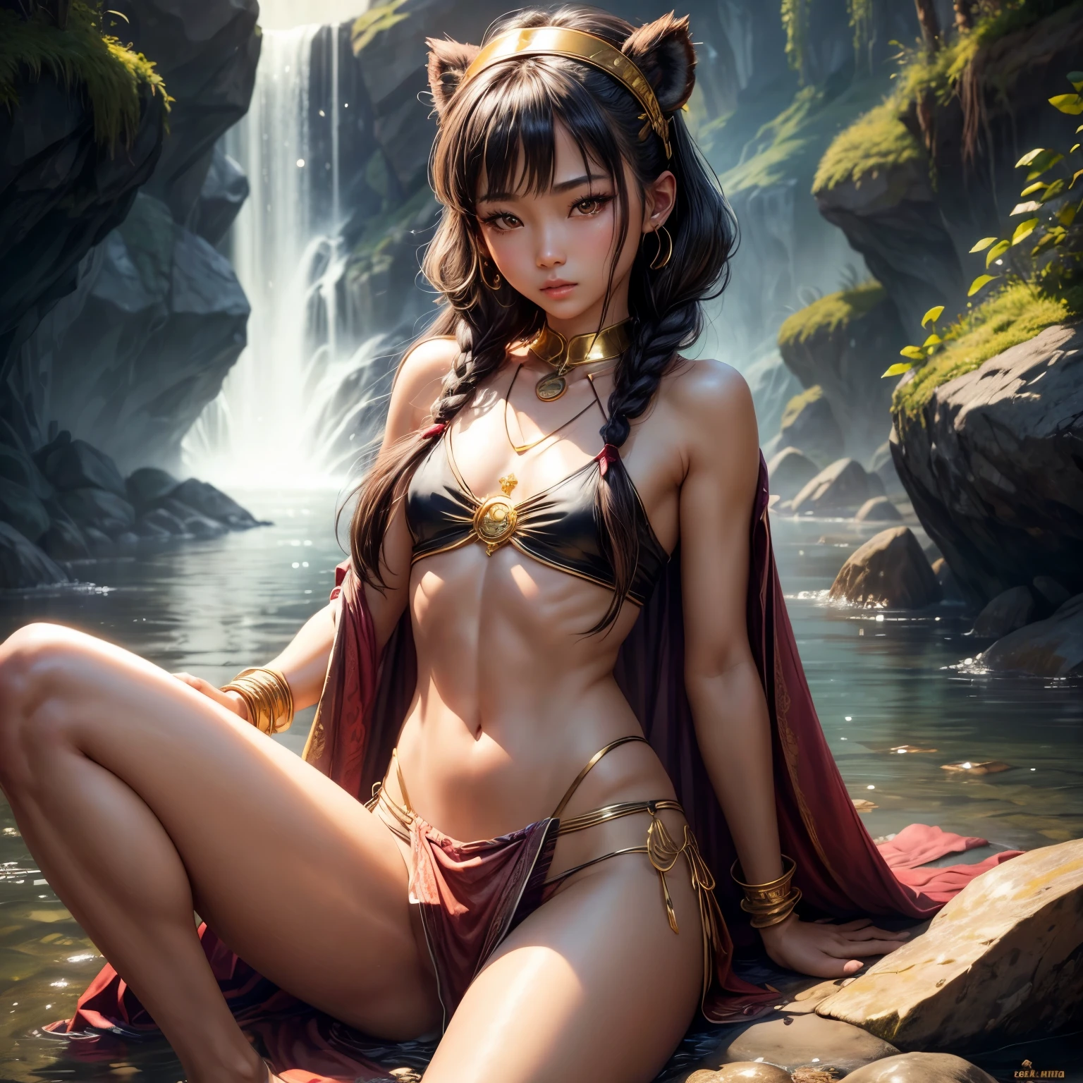 ((small chest:1.4)), beautiful Asian woman, (original, soft lighting:1.2), (realistic:1.3) (mixed Korean), beautiful girl with beautiful details, extremely detailed eyes and face, eyes with beautiful details, absurd, incredibly absurd, huge file size, ultra detail, high resolution, ultra detailed, best quality, masterpiece, illustration, ultra detailed and beautiful, ultra detailed, CG, unity, 8k wallpaper, amazing, fine Detail, masterpiece, top quality, official art, extremely detailed CG unity 8k wallpaper, cinematic lighting, (perfect shiny skin:0.6), slim and smooth lines, (floating),(spread legs:1.1), ,1girl, solo, solo focus, ), black hair, twin braids, ((red loin cloth)), gold headband front, golden necklace on the chest, gold bracelet with gems, (black crop top), Loin Cloth Silk, Background Waterfall