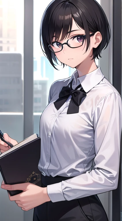 male, Curious and intelligent, short black hair, Brown intelligent gaze, slim, Glasses hanging from the neck, Dressed casually but neatly, she always carries a notebook and pen