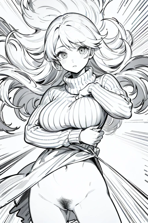 ((highest quality)), ((masterpiece)), (be familiar with), perfect face、girl、line drawing、anime style、Flaxen Turtleneck Sweater、Show the whole body、draft、monochrome、rough、grab the skirt with your hands、long hair、black hair、cool、Calm、big breasts、Lower body naked、pubic hair、Sex
