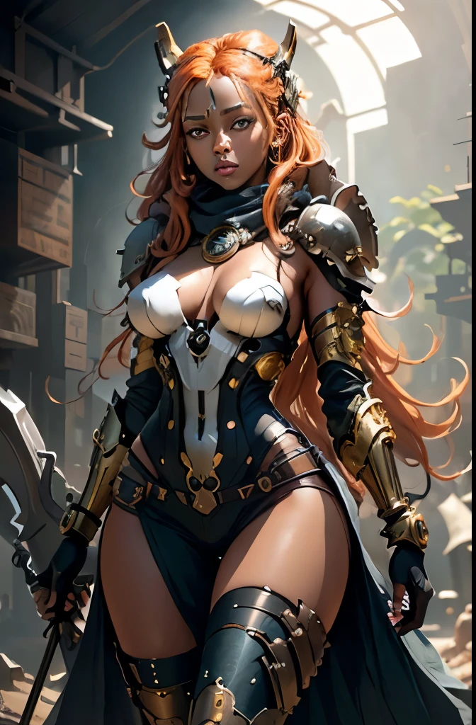 8k portrait of photo of beautiful black girl, Artwork in the style of Vladimir Kush, orange hair, long hair, orange dreadlocks hair, full body, dark chocolate skin, very dark skin, black girl, swinging a battle axe, straining to carry axe, realistic, very dark natural skin, blue eyes, detailed and intricate portrayal of a mechanical or cybernetic woman, metal panels, tubes attached to arms, african features, metallic and mechanical components, gold adornments in hair, orange boxbraids, soft sunlight, textured skin, straining to cary a heavy battle axe, denim jeans, black sweater, blue scarf, black gloves, red boots, intricate, elegant, highly detailed, futuristic, digital photography, (masterpiece, sidelighting, finely detailed beautiful eyes: 1.2), hdr,