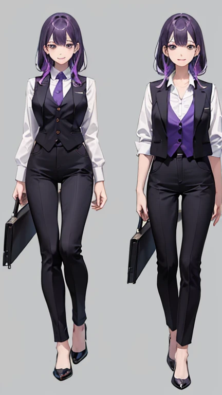 Purple haired woman,bartender,vest,shirt,tie,pants,high heels,all,simple background,smile,whole body,full body,full body,Standing picture,vtuber,front,from front,viewer'point of view,視線をfrontに,