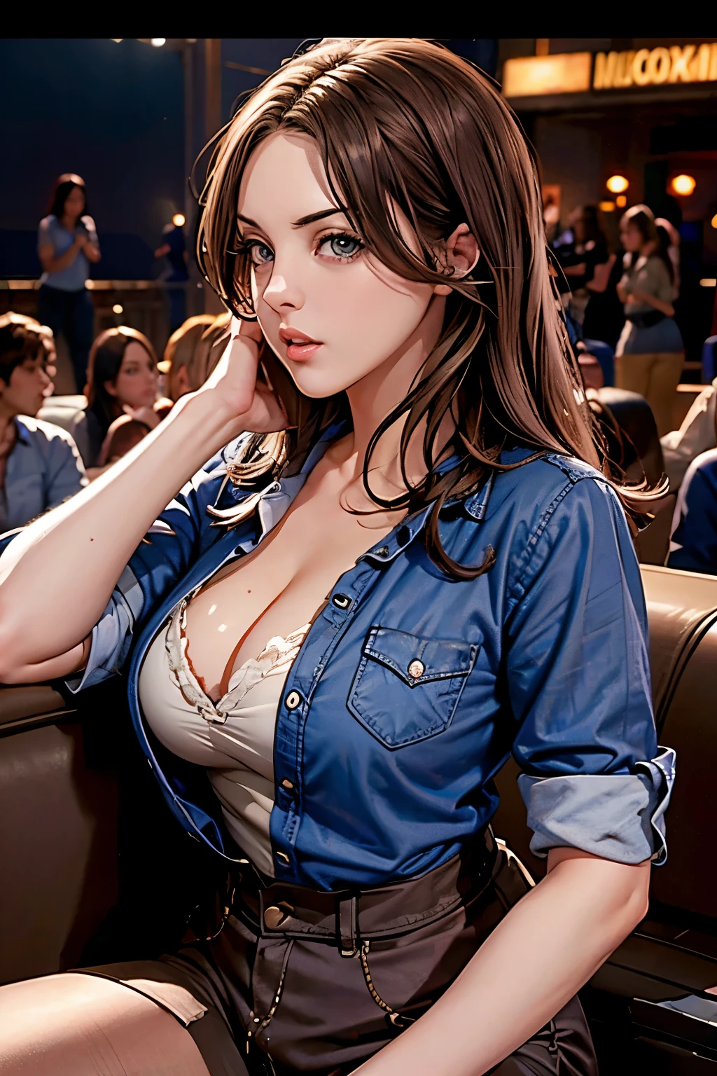 elizabeth gillies, dark brown hair, blue button-up shirt, white jens, half up, Looking at the audience, (High resolution of the highest quality), ((masterpiece best quality:1.2)), street on the background, sunset