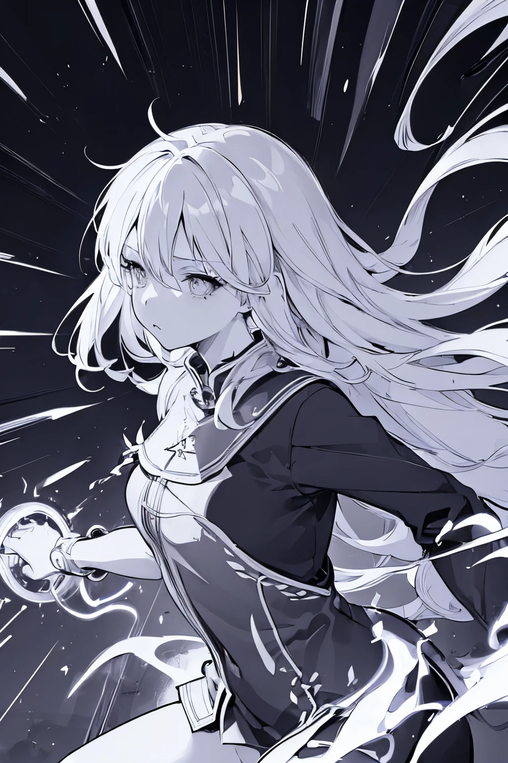 (line art:1.7), best quality, super fine, monochrome, portrait, anime girl, pensive expression, fantasy image, fantastic and mysterious, wind, wind-effect, motion-blur, action-lines, speed-lines
