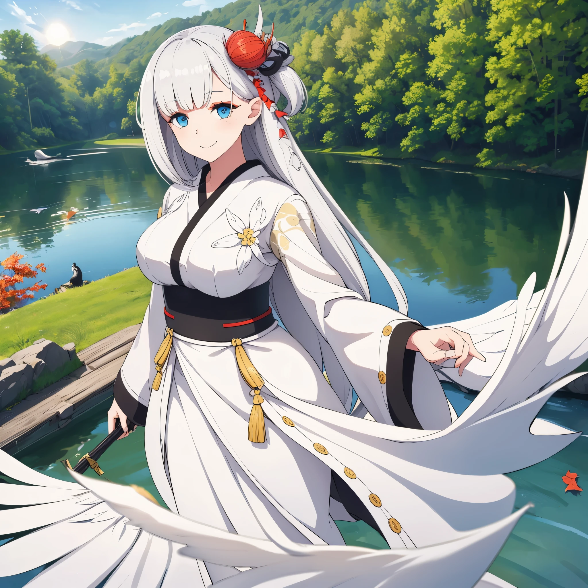 A woman wearing a personalized white kimono, black skirt, long white hair, blue eyes, smiling, on the edge of a lake with several herons, trees around, with the sun illuminating the place, leaves falling,ultra resolution, very detailed, HDR, masterpiece, 8K hd