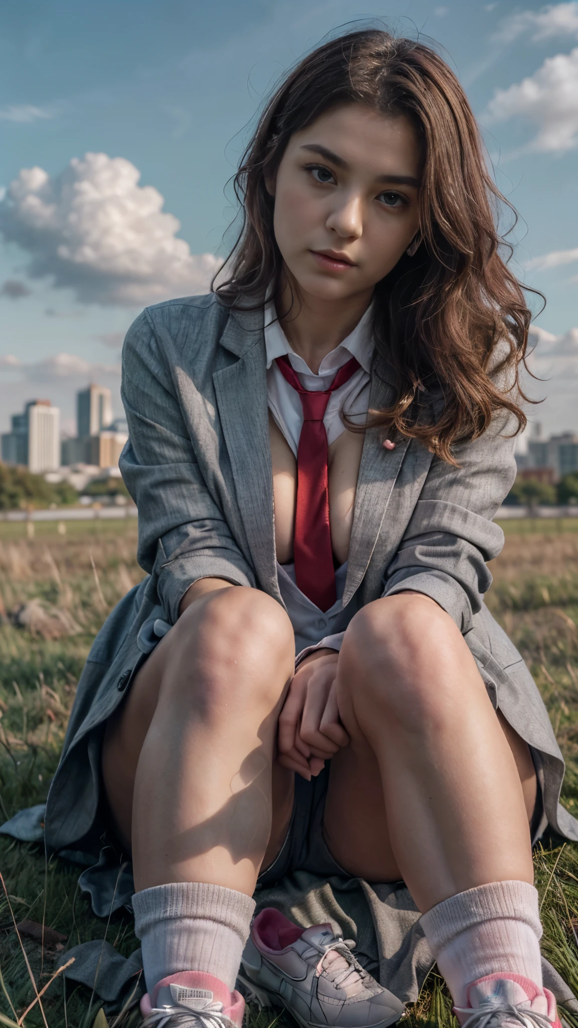 (best quality,4k,8k,highres,masterpiece:1.2),ultra-detailed,(realistic,photorealistic,photo-realistic:1.4), profesional photograph by dubnitskiy david, natural light, portraits, a beautiful young japanese girl, , wearing ((dark grey blazer, red necktie, white socks, pink shoes, high school uniform: 1.4), very low neckline, exposed cleavage), seductive look, soft glow, elegant beauty, perfect face with soft skinice, detailed blue grey eyes, sexy pose, delicate skin texture, flowing messy hair, lustly expression, skinny posture, collarbone, naturally sagging breast, hugeboobs, knees up, sitting pose, opened legs, (grass field with skyline:1.4), subtle shadows, daylight and clouds background, shallow depth of field, foggyand greeney atmosphere, fine art photography, (close up:1.2), (seen from below:1.3), photon mapping, 