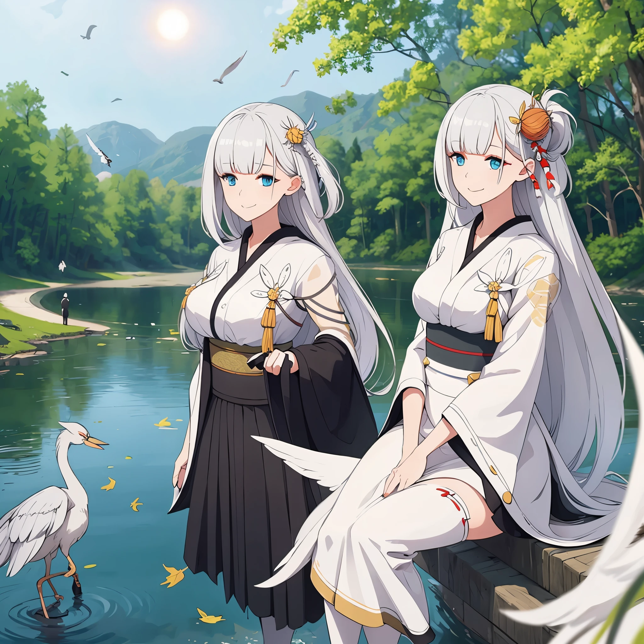 A woman wearing a personalized white kimono, black skirt, long white hair, blue eyes, smiling, on the edge of a lake with several herons, trees around, with the sun illuminating the place, leaves falling,ultra resolution, very detailed, HDR, masterpiece, 8K hd
