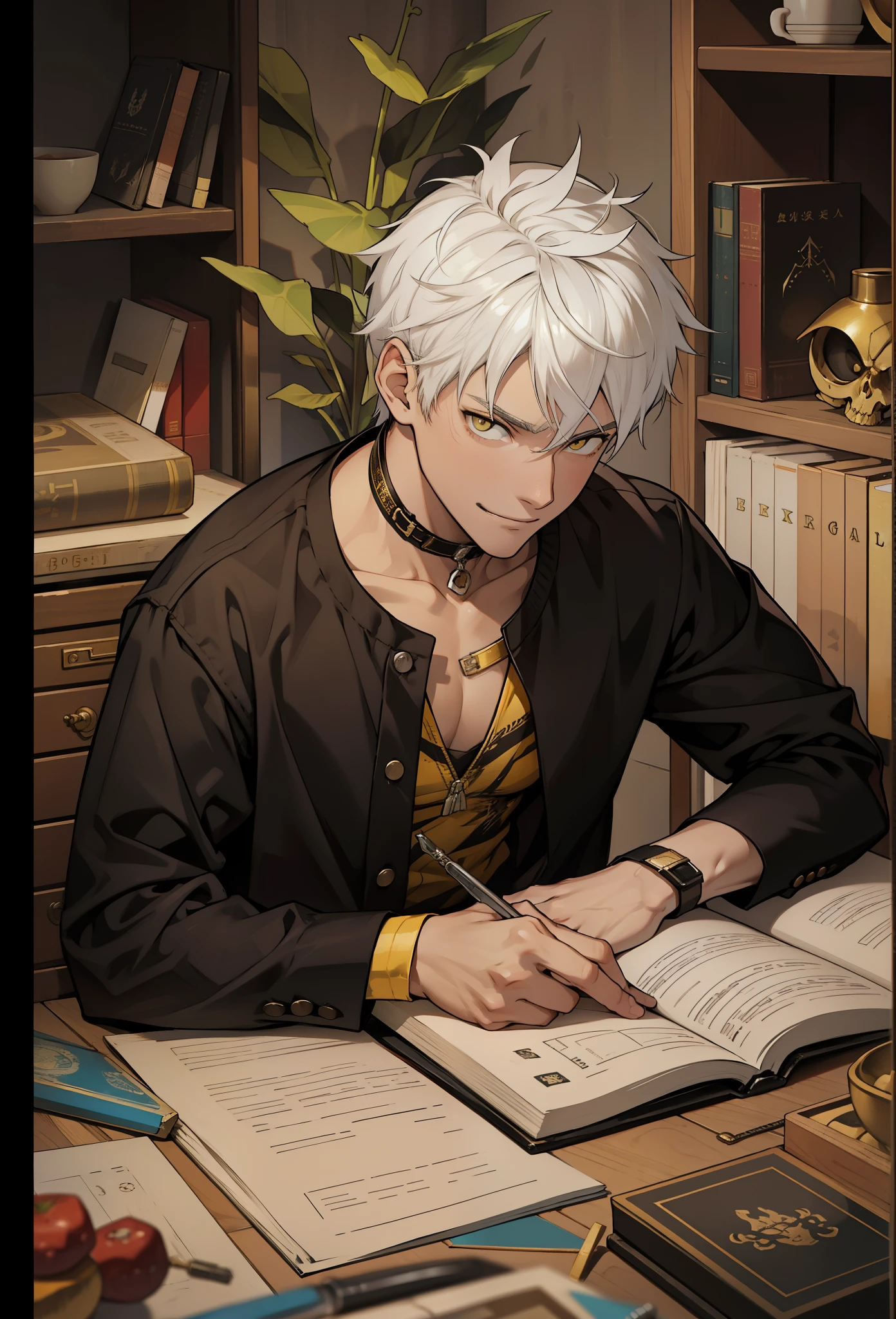 He is a 16 year old boy, they smile with evil, madness with mockery, white hair, yellow eyes.