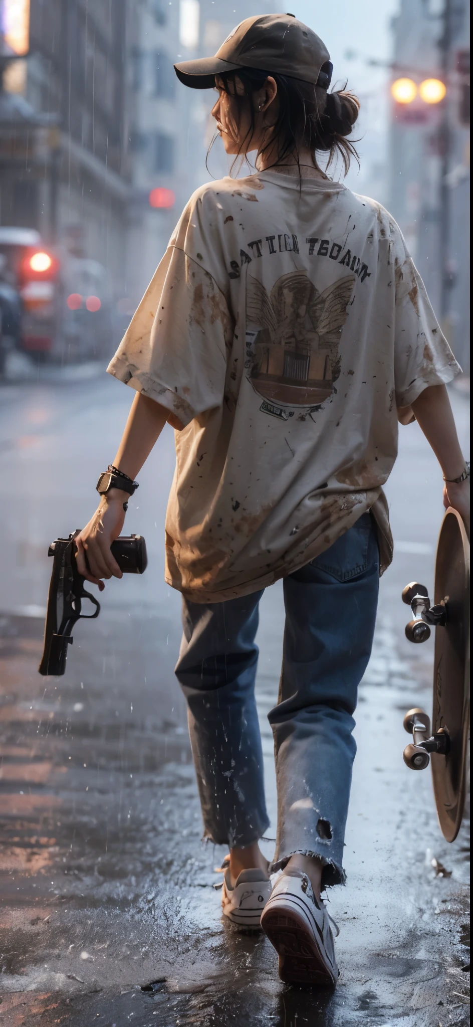 8K,realistic photo、realistic skin texture、A beautiful Japanese woman living in America&He turns around holding a Wesson M442 compact revolver.、Dirty and torn oversizedTshirt、baseball cap、Dirty high-top Vans sneakers、Holding a skateboard in one hand、It's raining and your clothes are wet、A town in chaos、face、moving action pose、cool composition、