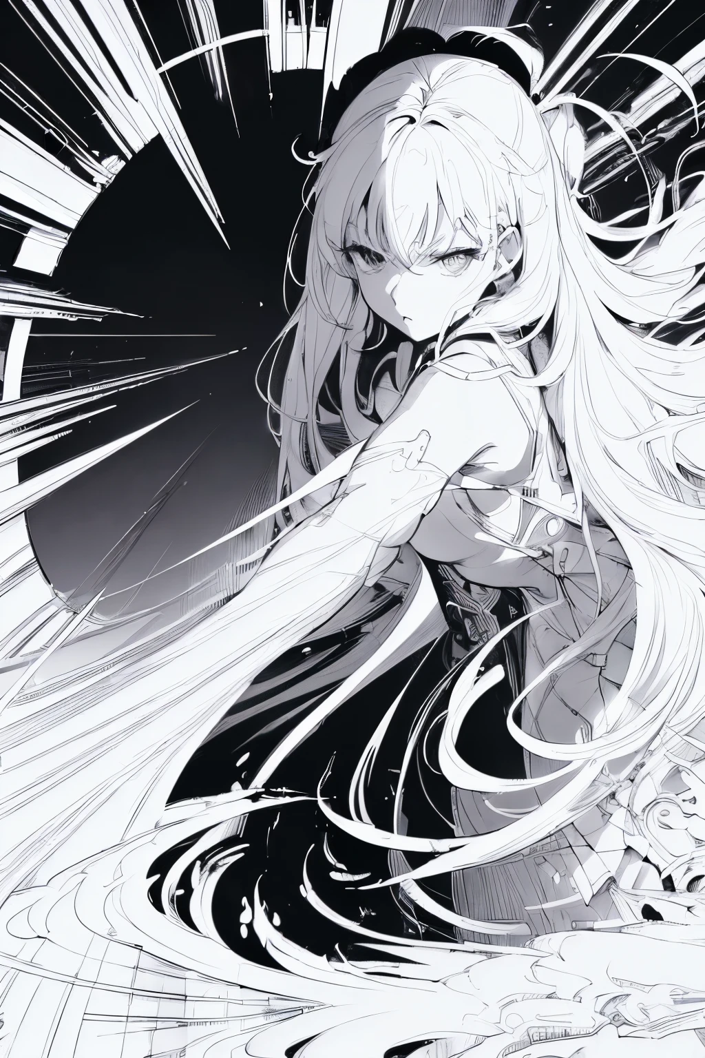 (line art:1.7), best quality, super fine, monochrome, portrait, anime girl, pensive expression, fantasy image, fantastic and mysterious, wind, wind-effect, motion-blur, action-lines, speed-lines