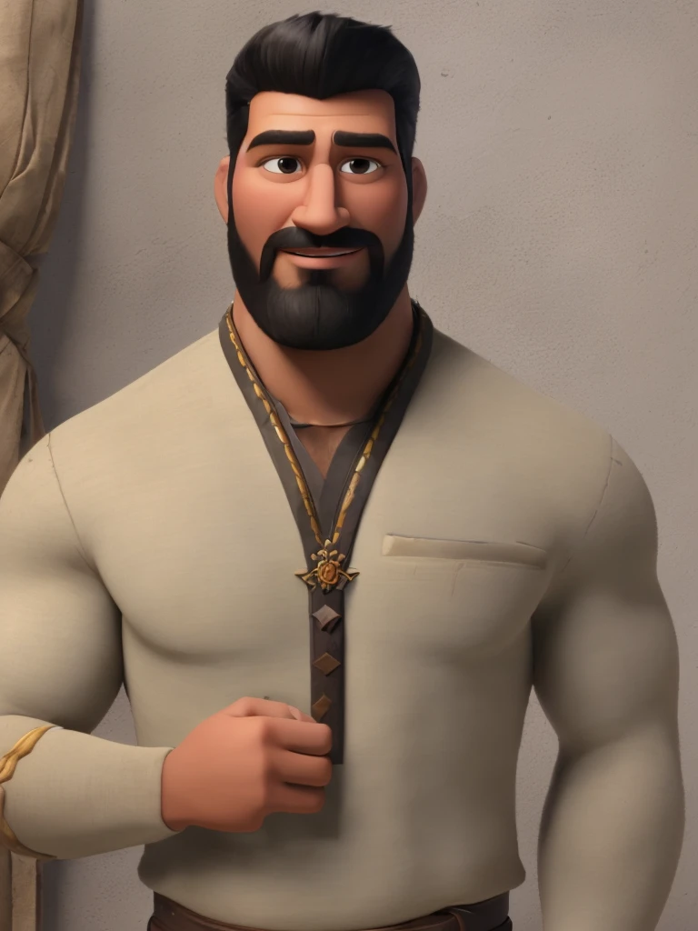 (masterpiece), (best quality),(simple backgroud),1boy,solo,black hair,(black beard) ,plenty of beard,frown,dark skin, (ancient man:1),Mesopotamian king,Arabian,(tanned skin),ancient luxurious long clothes, ancient golden crown,(looking at viewer:1.2),animation style render, 3D,(full body), standing, (pixer style:1.1),(Bokeh) ,(clay) ,(sharp focus),,modern disney style