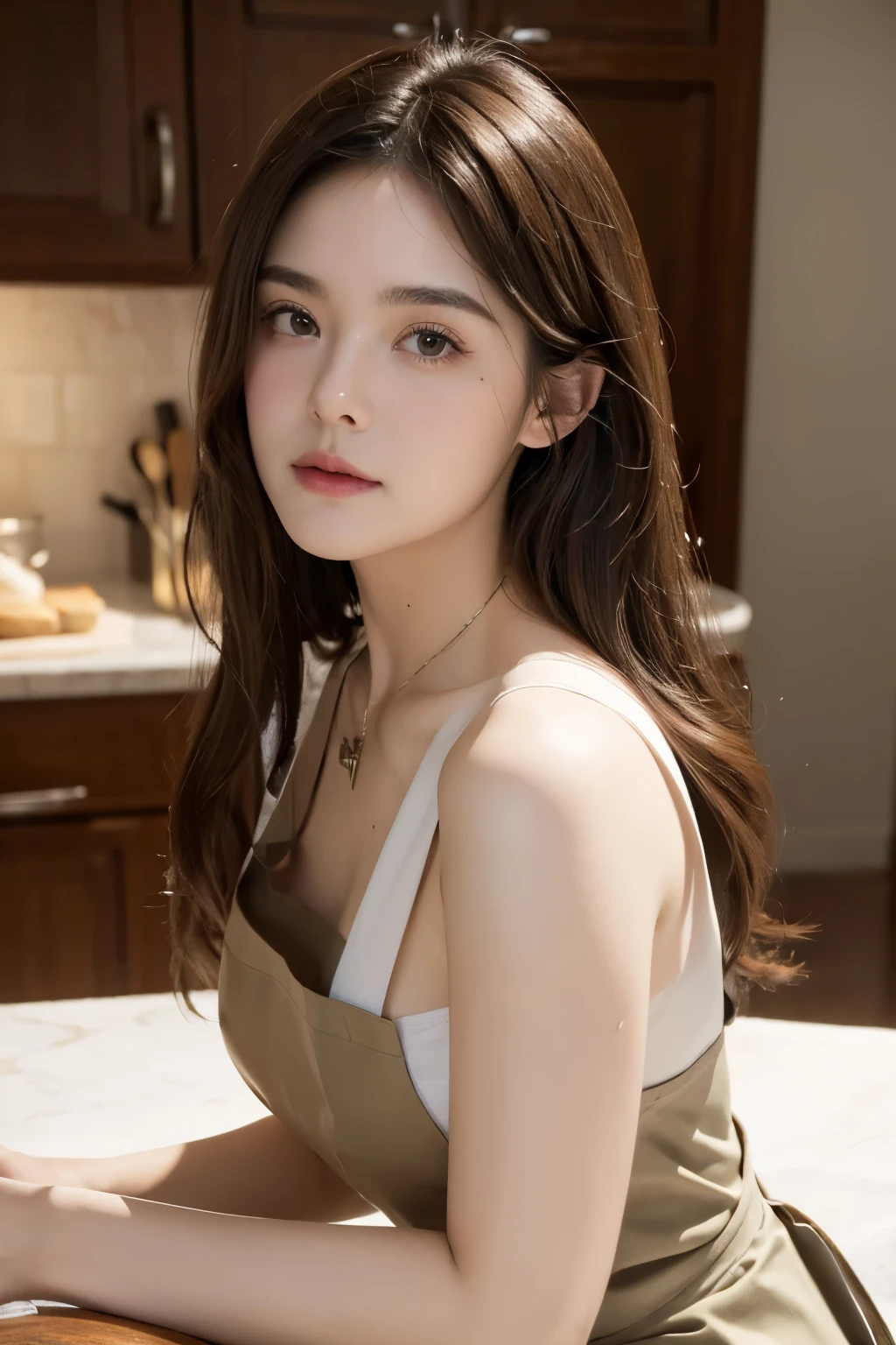 (Best quality, 8k, masterpiece: 1.3), a beautiful woman with perfect figure: 1.2, dark brown hair, wearing a pendant, wearing an apron, in the kitchen, highly detailed face and skin, detailed eyes, double eyelids, big breasts