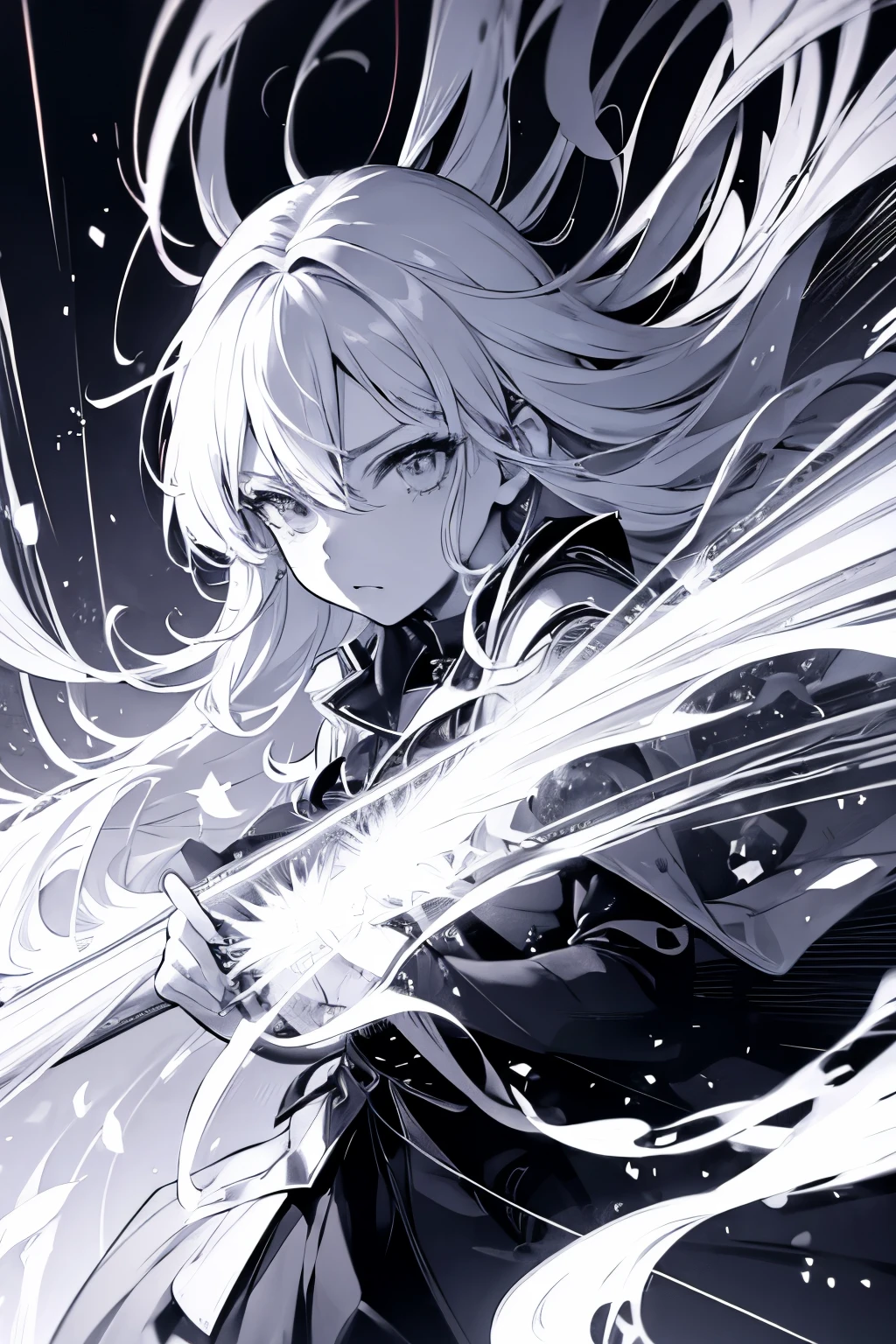 (line art:1.7), best quality, super fine, monochrome, portrait, anime girl, pensive expression, fantasy image, fantastic and mysterious, wind, wind-effect, motion-blur, action-lines, speed-lines