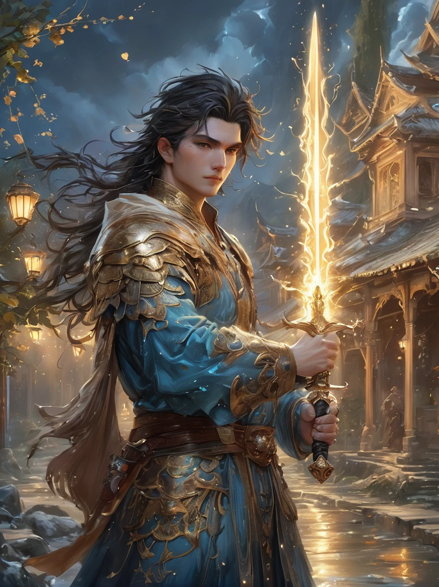 masterpiece，1 male，aldult，Beautiful face，young，advanced，Antique theme，Fairies，Ancient costumes，holding sword，Sunlight，street，Long hair flying，Sunlight，Background style，breeze blowing，Loose robe，fantasy landscape，Starlight around the character，（whole body），(first-person view, pov, UHD, retina, masterpiece, ccurate, anatomically correct, textured skin, super detail, award winning, 8k)
