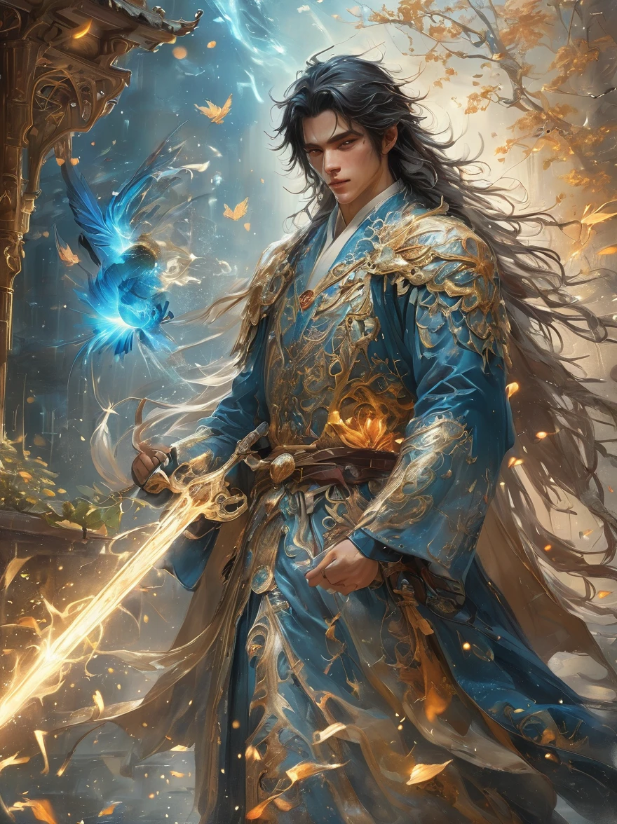 masterpiece，1 male，aldult，Beautiful face，young，advanced，Antique theme，Fairies，Ancient costumes，holding sword，Sunlight，street，Long hair flying，Sunlight，Background style，breeze blowing，Loose robe，fantasy landscape，Starlight around the character，（whole body），(first-person view, pov, UHD, retina, masterpiece, ccurate, anatomically correct, textured skin, super detail, award winning, 8k)
