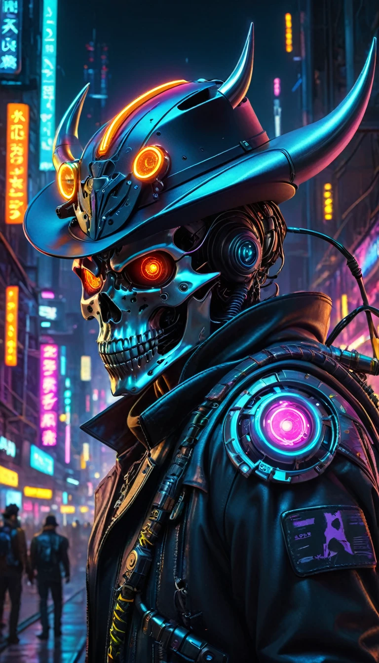 (best quality,4k,8k,highres,masterpiece:1.2),ultra-detailed,(realistic,photorealistic,photo-realistic:1.37),cyber punk perssonage，cowboys，skeleton head，Bull hornionic arm，metalictexture，scybernetic，cowboys hat，neon light background，Technologie，A futuristic，Vibrant colors，electric sparks，Sharp focus，Dystopian cityscape，Network enhancement，glowing light eyes，jaqueta de couro，High Technologie Weapons，Wires and cables，Retro-Future，nighttime scene，Mixed reality。
