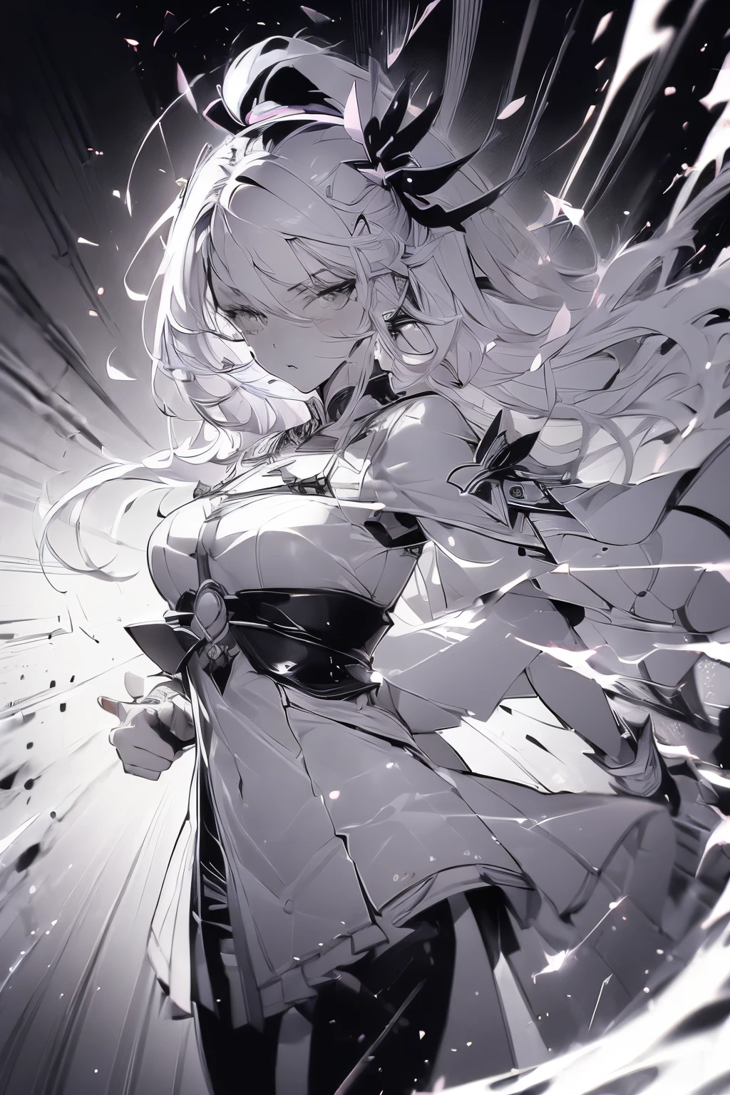 (line art:1.7), best quality, super fine, monochrome, portrait, anime girl, pensive expression, fantasy image, fantastic and mysterious, wind, wind-effect, motion-blur, action-lines, speed-lines