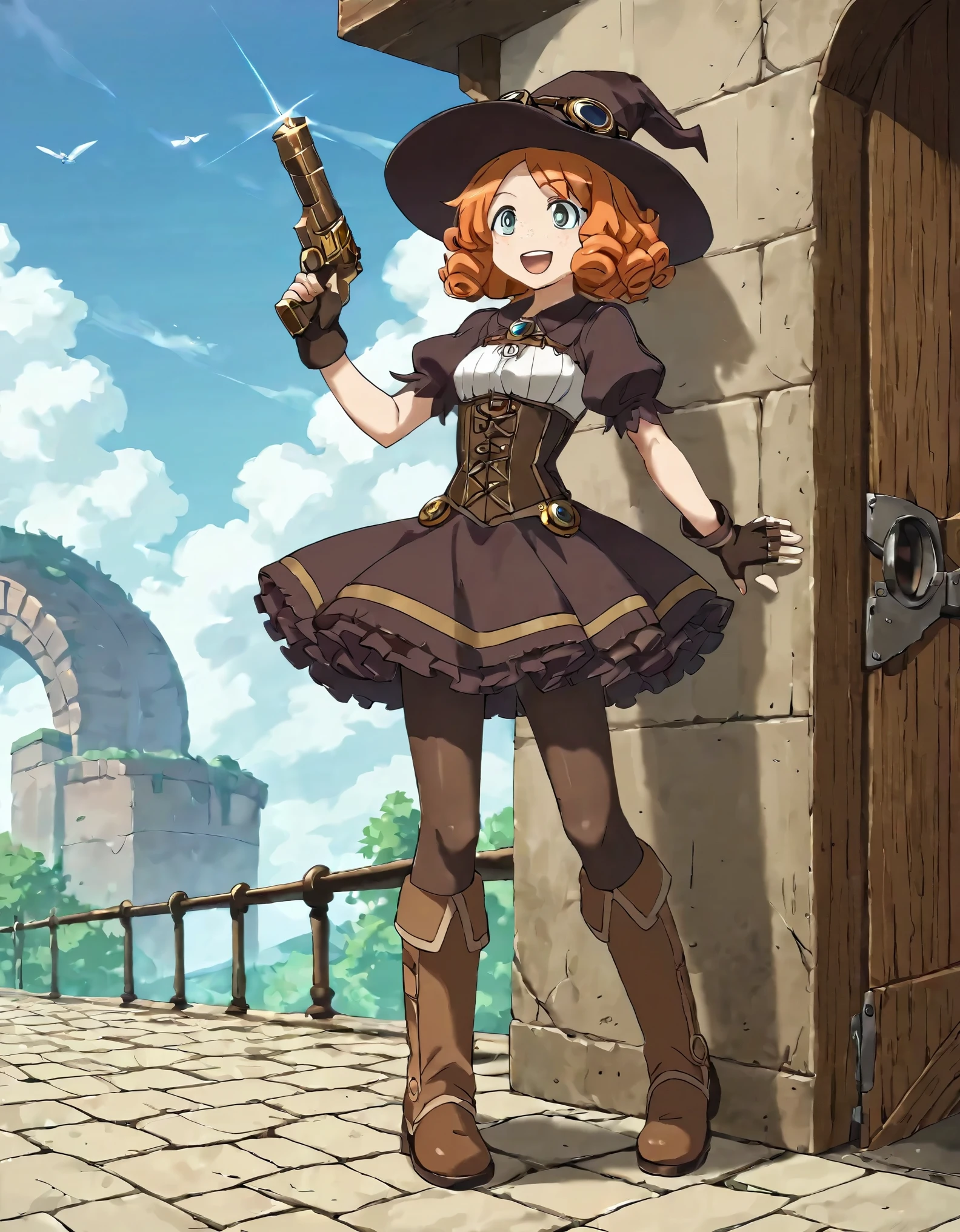 mabyss, 1girl, solo, female , orange hair, curly hair, short hair, permanent, freckles, witch hat, goggles on headwear, corset, puffy sleeves, skirt, pantyhose, huge boots, brown footwear, fingerless gloves, holding gun, smile, open mouth, steampunk, outdoors, secondinverted, score_9, score_8_up, score_7_up, score_6_up, score_5_up, score_4_up, BREAK source_anime, masterpiece