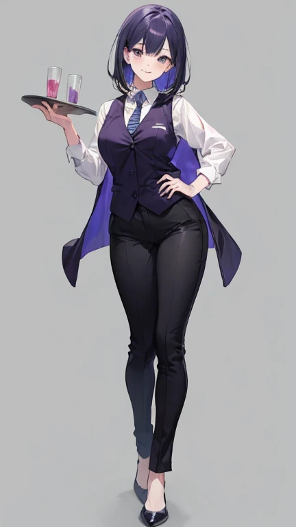 Purple,High cut layered hair,woman,bartender,vest,shirt,tie,pants,high heels,all,simple background,smile,whole body,full body,full body,Standing picture,vtuber,front,from front,viewer&#39;point of view,視線をfrontに,