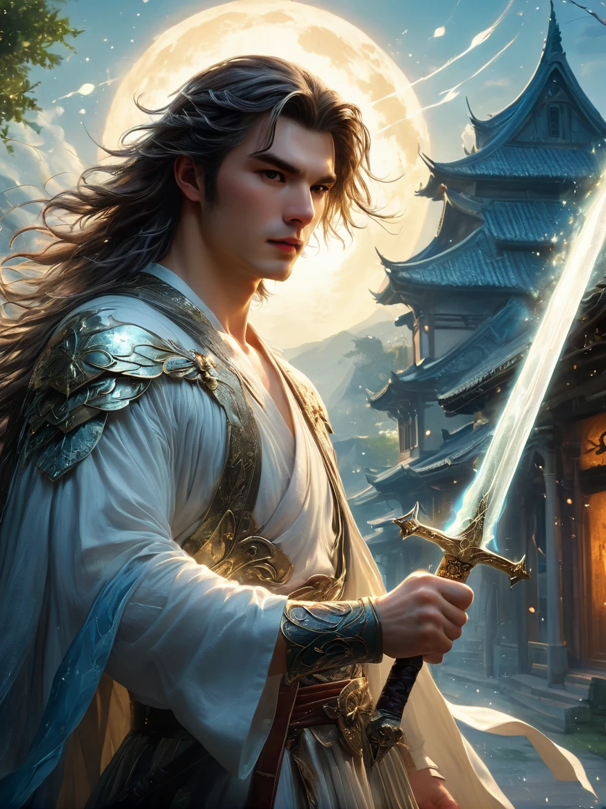 masterpiece，1 male，aldult，Beautiful face，young，advanced，Antique theme，Fairies，Ancient costumes，holding sword，Sunlight，street，Long hair flying，Sunlight，Background style，breeze blowing，Loose robe，fantasy landscape，Starlight around the character，（whole body），(first-person view, pov, UHD, retina, masterpiece, ccurate, anatomically correct, textured skin, super detail, award winning, 8k)
