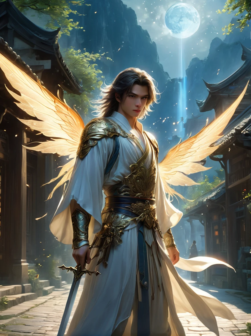 masterpiece，1 male，aldult，Beautiful face，young，advanced，Antique theme，Fairies，Ancient costumes，holding sword，Sunlight，street，Long hair flying，Sunlight，Background style，breeze blowing，Loose robe，fantasy landscape，Starlight around the character，（whole body），(first-person view, pov, UHD, retina, masterpiece, ccurate, anatomically correct, textured skin, super detail, award winning, 8k)
