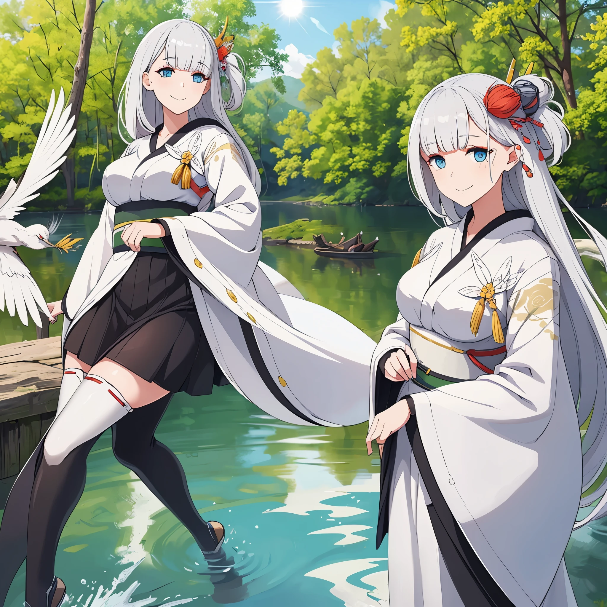 A woman wearing a personalized white kimono, black skirt, long white hair, blue eyes, smiling, on the edge of a lake with several herons, trees around, with the sun illuminating the place, leaves falling,ultra resolution, very detailed, HDR, masterpiece, 8K hd
