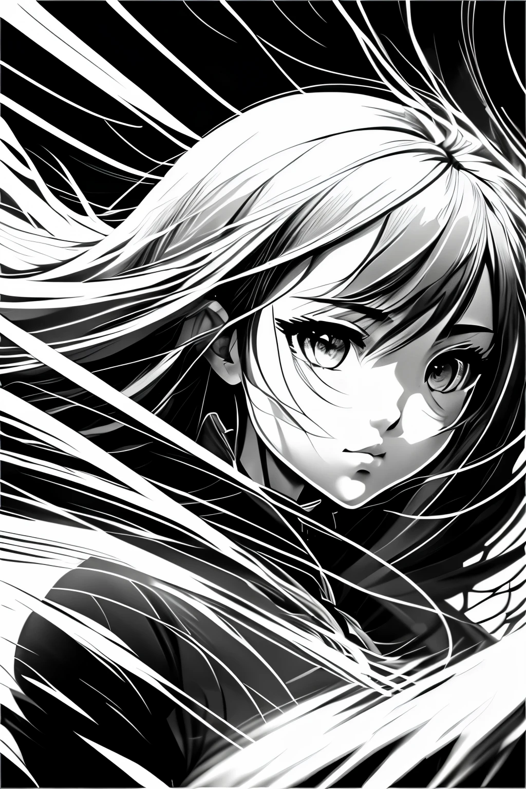 line art, best quality, super fine, monochrome, portrait, anime girl, pensive expression, fantasy image, fantastic and mysterious, wind, wind-effect, motion-blur, action-lines, speed-lines