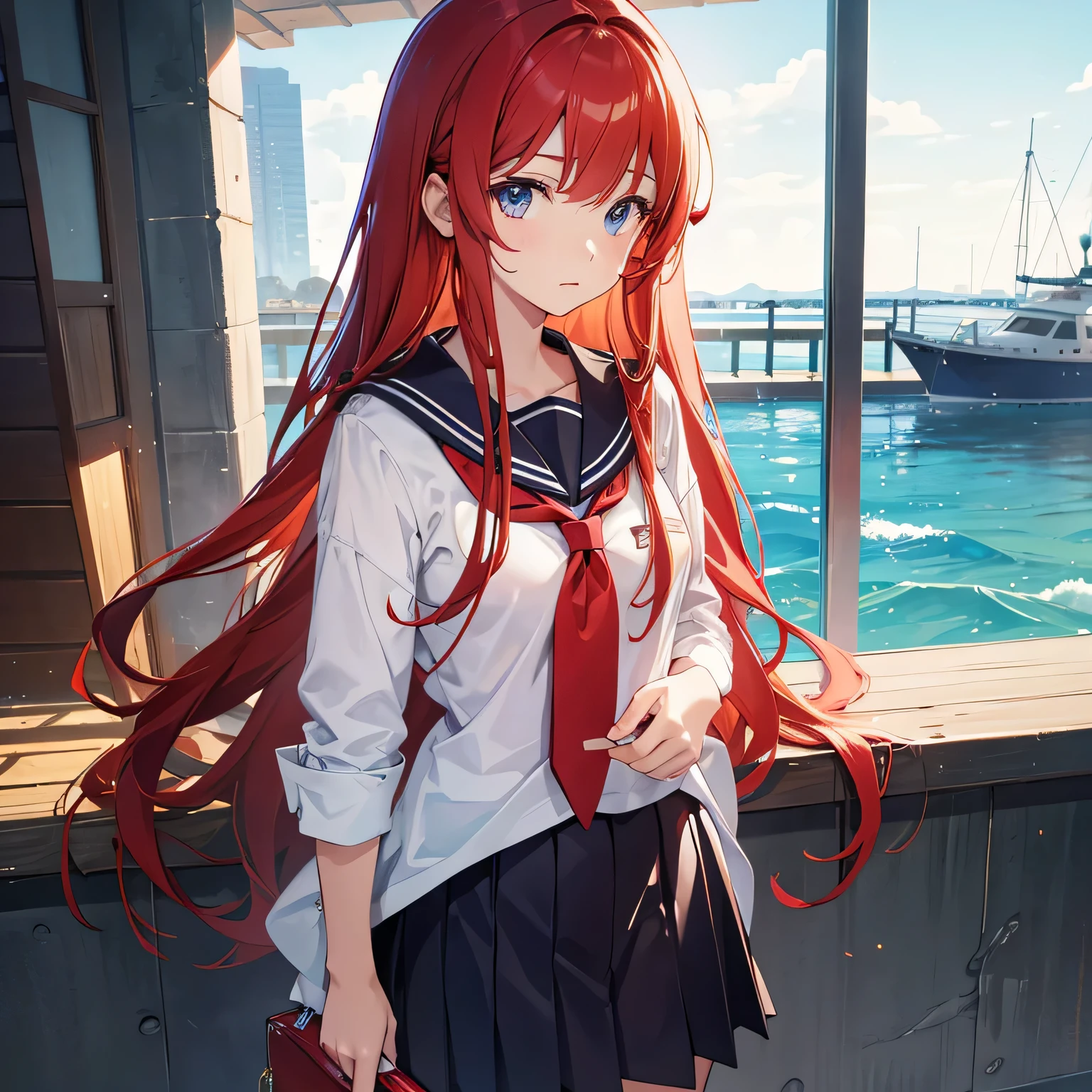 Girl with long curly red hair in sailor uniform talks nervously frontally