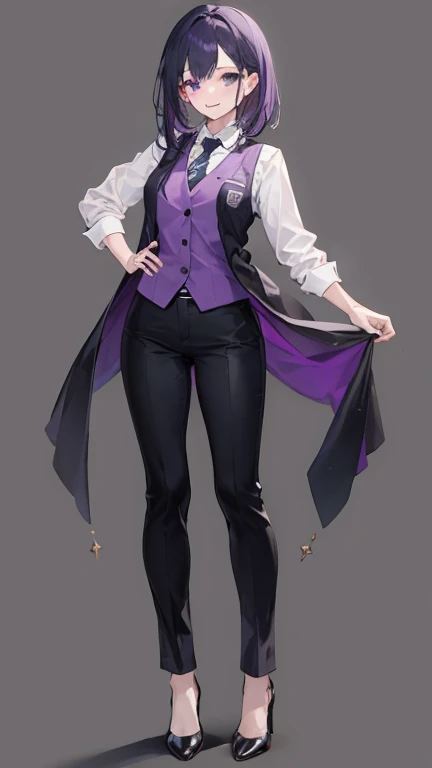 Purple,High cut layered hair,woman,bartender,vest,shirt,tie,pants,high heels,all,simple background,smile,whole body,full body,full body,Standing picture,vtuber,front,from front,viewer'point of view,視線をfrontに,