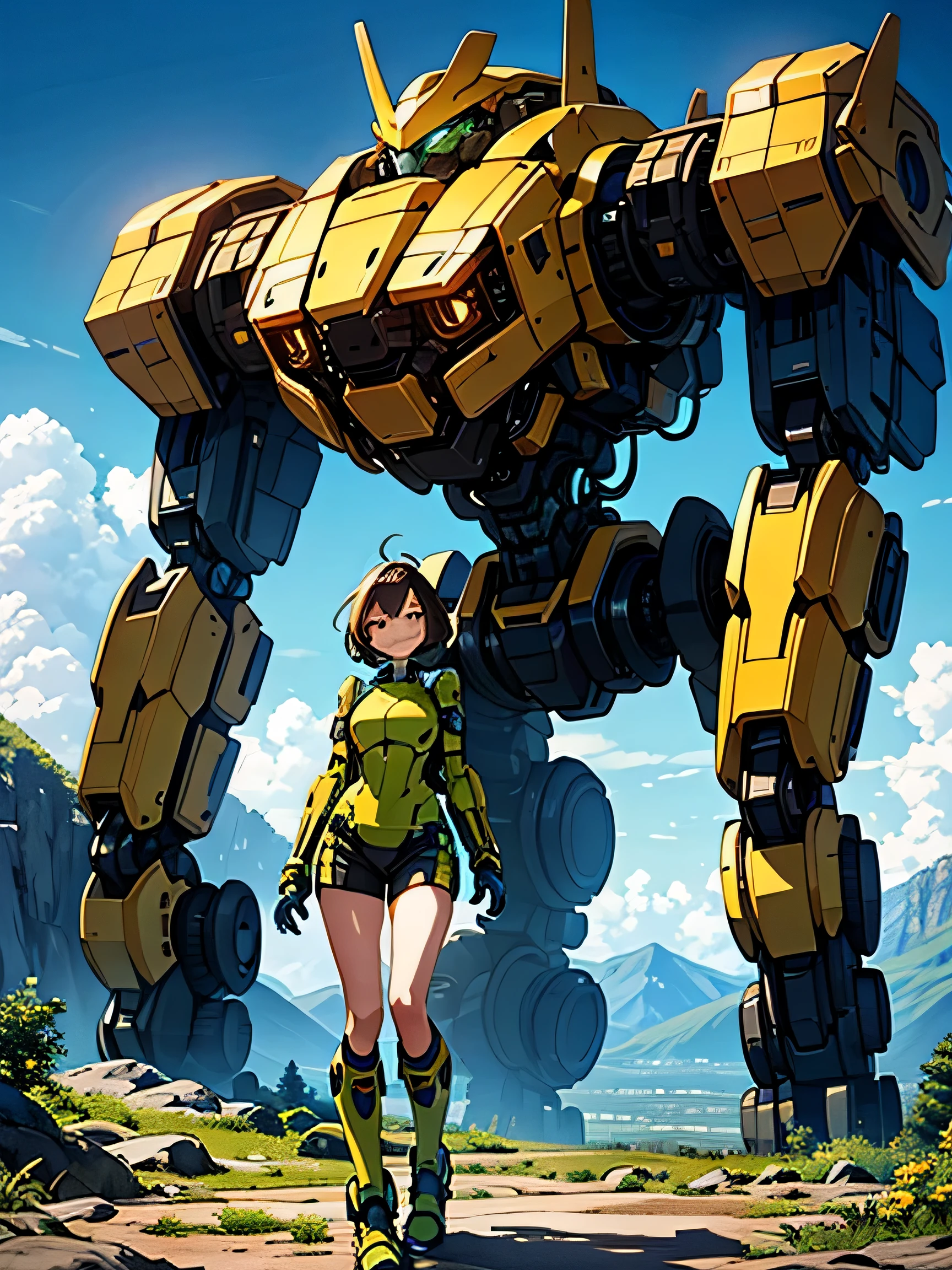 She sits triumphantly atop the striding robot, its oversized head and broad shoulders dwarfing her figure. Accompanying her is a young female companion, her smile radiant as she clings contentedly to the robot's metal neck. The unfamiliar landscape of an alien planet stretches out behind them, the strained galaxy visible in the distant sky.
She wears a snug space suit, its tight green plastic top adorned with small gadgets and intricate mechanics. Matching shorts and moon boots complete her ensemble, designed for the harsh terrain of this strange new world. Together, they make an unlikely yet captivating sight, their joyous reunion against the backdrop
