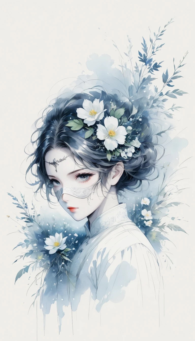 (Anime line drawing:1.5),black and white painting,Minimalism,line art,mask,flower