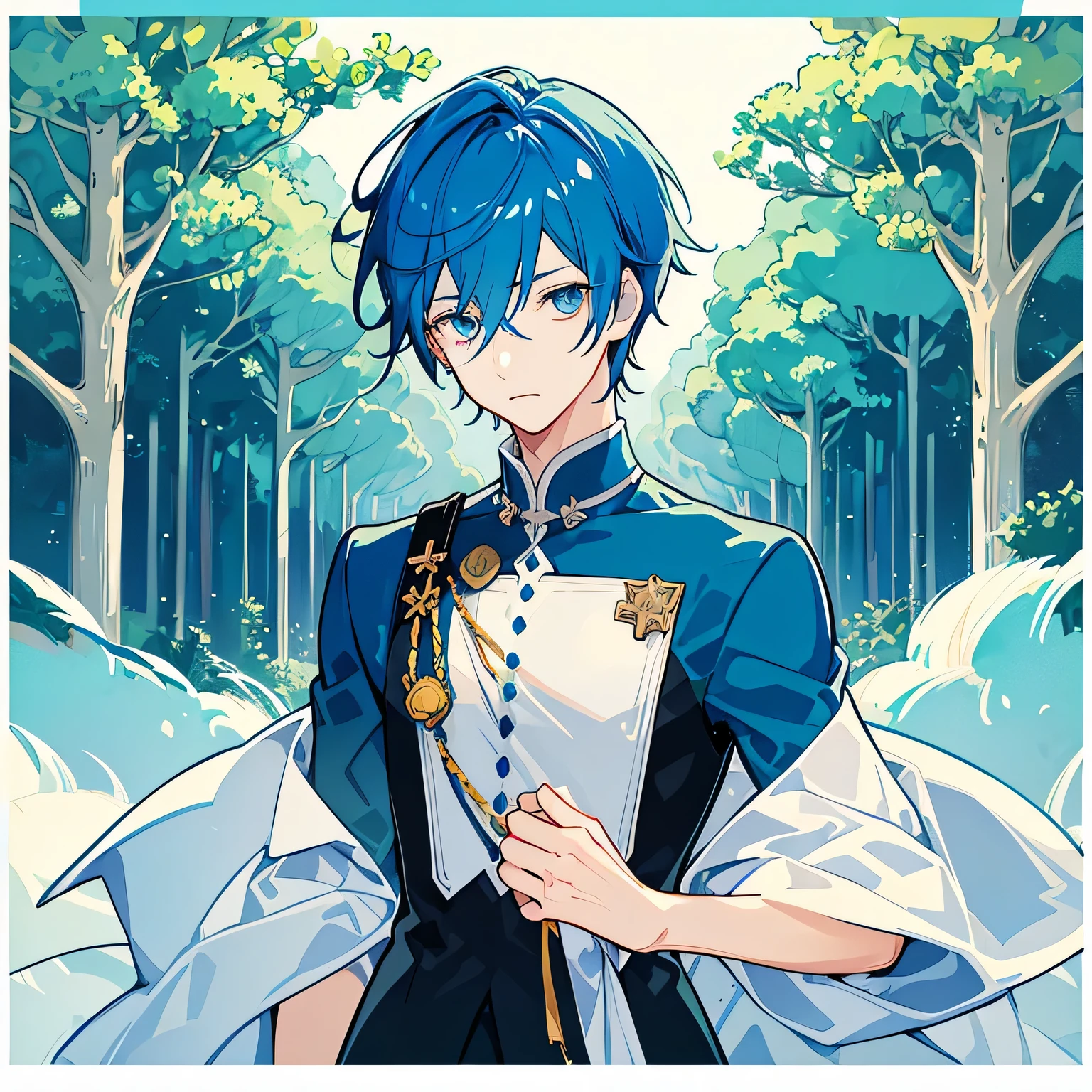 A boy male high school student blue hair short hair blue eyes delicate high detail illustration anime style accurate anatomy high detail spooky forest bizarre forest illustration anime style modern style boys gender male anime style panic scared scared boys forest