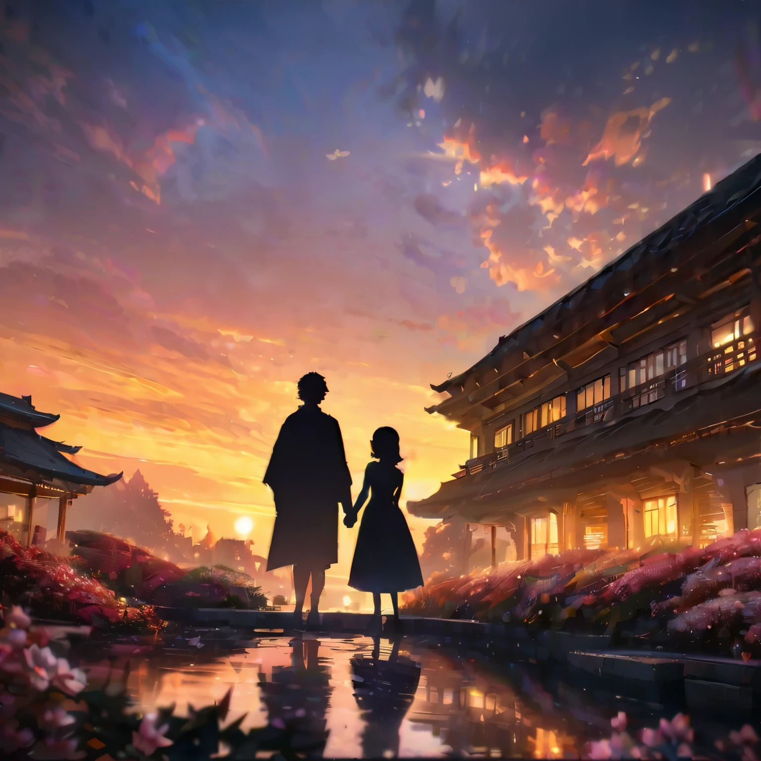 (best quality,8k,highres, masterpiece:1.2), ultra-detailed,HDR, UHD, studio lighting, ultra-fine painting, sharp focus, physically-based rendering, extreme detail description, professional, vivid colors, bokeh, portraits, concept artists, warm color palette, dramatic lighting,silhouette style,Pond at dusk, light reflected on the surface of the water, (silhouette boy, silhouette girl), holding hands and watching the sunset, cherry blossoms blooming around the pond, flower blizzard,