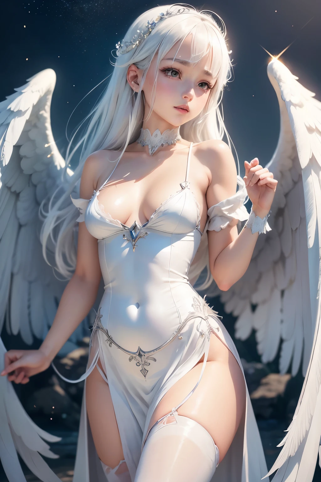 high resolution beautiful skin detailed picture pretty girl small breasts Pure white hair Glittering dresses Tsubasa angel wings sky