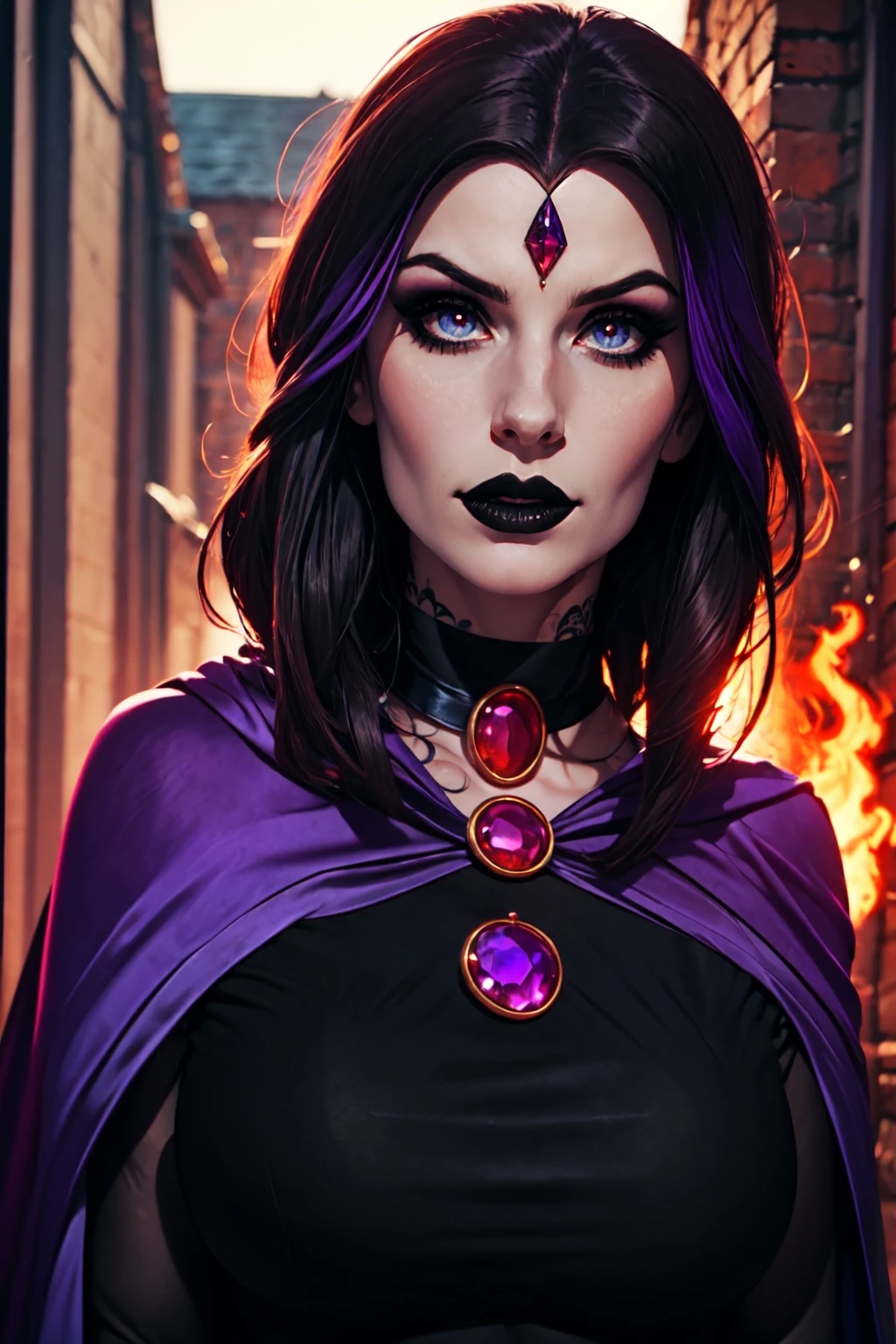 (Best Quality, 8k, Masterpiece, UHD), (Photo of Attractive Caucasian Gothic model Woman with tattoos), solo 1Girl as Raven, ((gemstone on forehead)), heavy makeup , cape, choker,very pale skin,Ultra Detailed Face, Detailed Lips, Fine Eyes, black lipstick, Fine Eyes, whole body, walking on fire