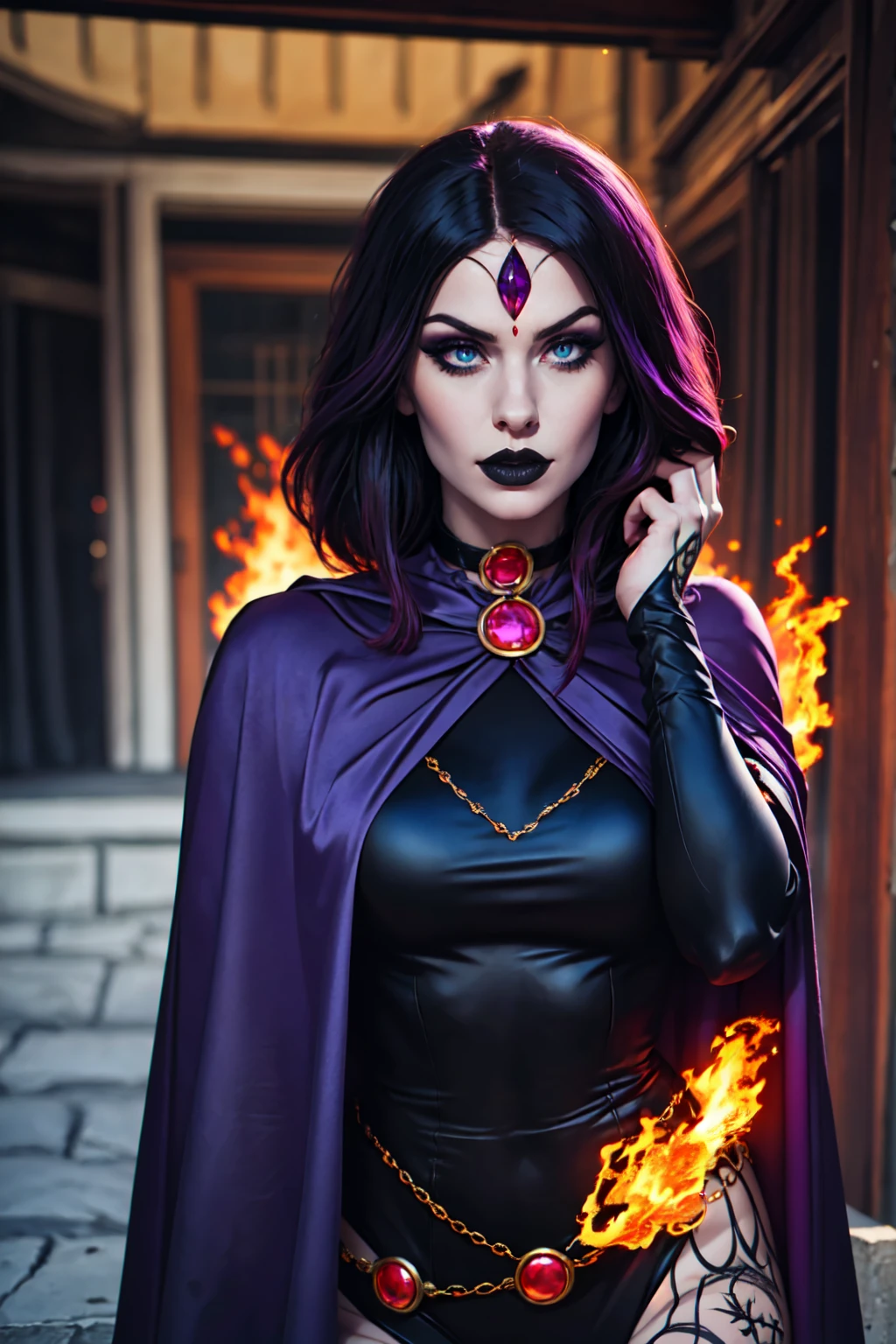 (Best Quality, 8k, Masterpiece, UHD), (Photo of Attractive Caucasian Gothic model Woman with tattoos), solo 1Girl as Raven, ((gemstone on forehead)), heavy makeup , cape, choker,very pale skin,Ultra Detailed Face, Detailed Lips, Fine Eyes, black lipstick, Fine Eyes, whole body, walking on fire