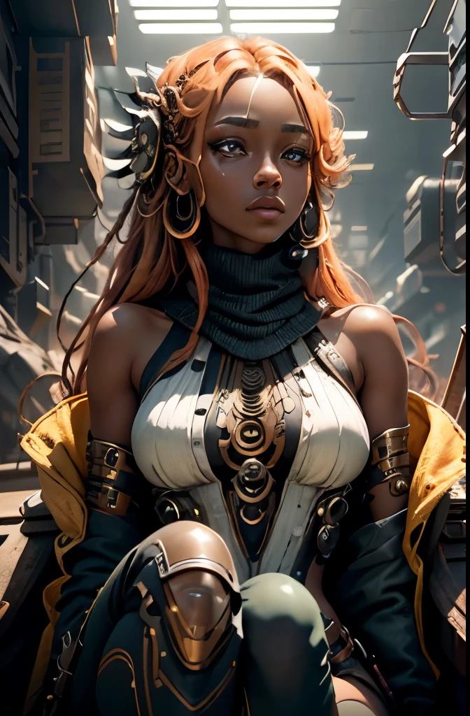 8k portrait of photo of beautiful black girl, Artwork in the style of Vladimir Kush, orange hair, long hair, orange dreadlocks hair, full body, dark chocolate skin, very dark skin, black girl, swinging a battle axe, straining to carry axe, realistic, very dark natural skin, blue eyes, detailed and intricate portrayal of a mechanical or cybernetic woman, metal panels, tubes attached to arms, african features, metallic and mechanical components, gold adornments in hair, orange boxbraids, soft sunlight, textured skin, straining to cary a heavy battle axe, denim jeans, black sweater, blue scarf, black gloves, red boots, intricate, elegant, highly detailed, futuristic, digital photography, (masterpiece, sidelighting, finely detailed beautiful eyes: 1.2), hdr,