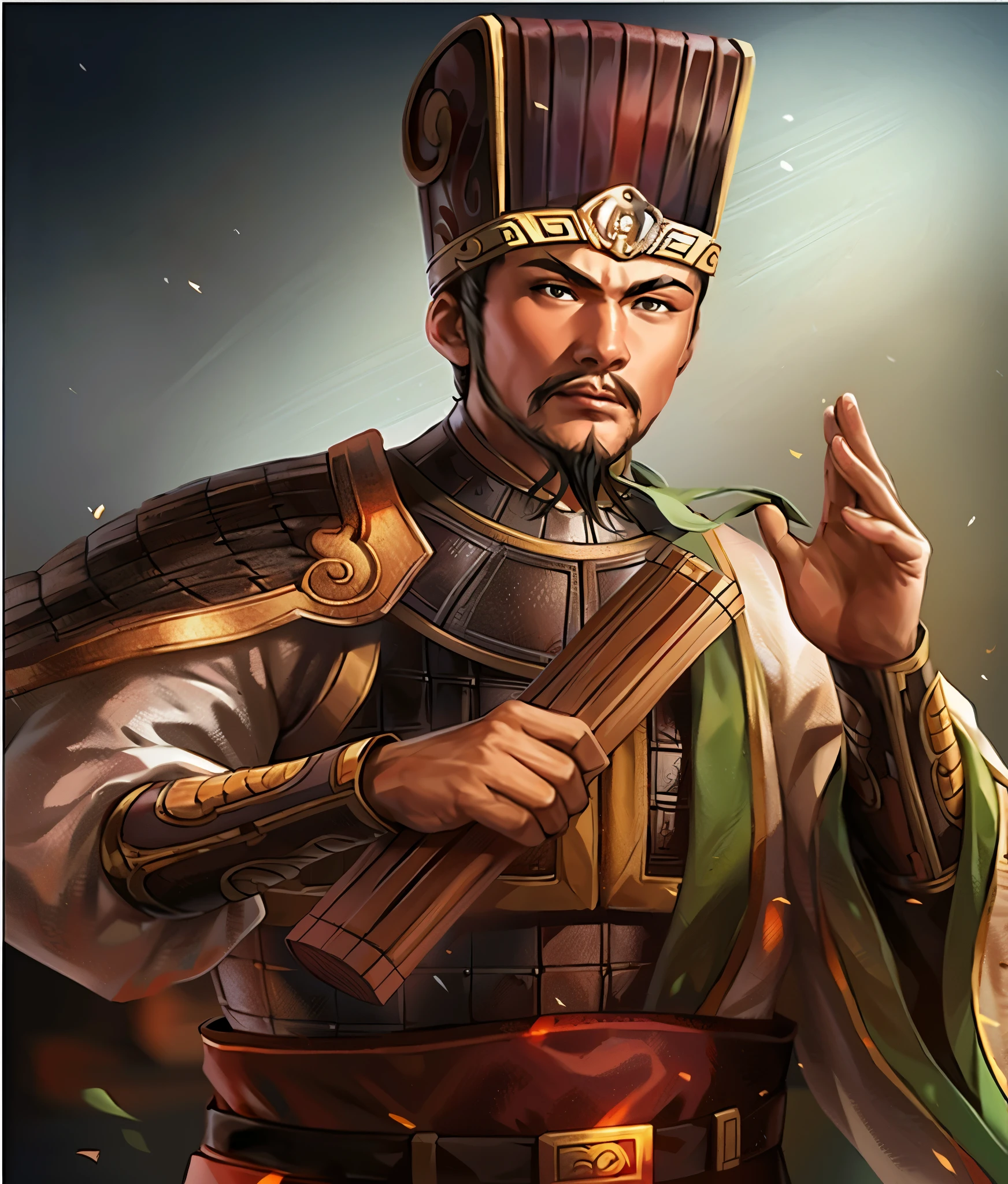 close-up：A man in costume holding a wooden stick, Inspired by Wu Bin, Inspired by Cao Zhibai, Guan yu, zhao yun, bian lian, Inspired by Huang Ding, Inspired by Hu Zaobin, liang xing, Inspired by Guo Chun, Inspired by Huang Shen, Inspired by Li Kan, Inspired by Dong Yuan